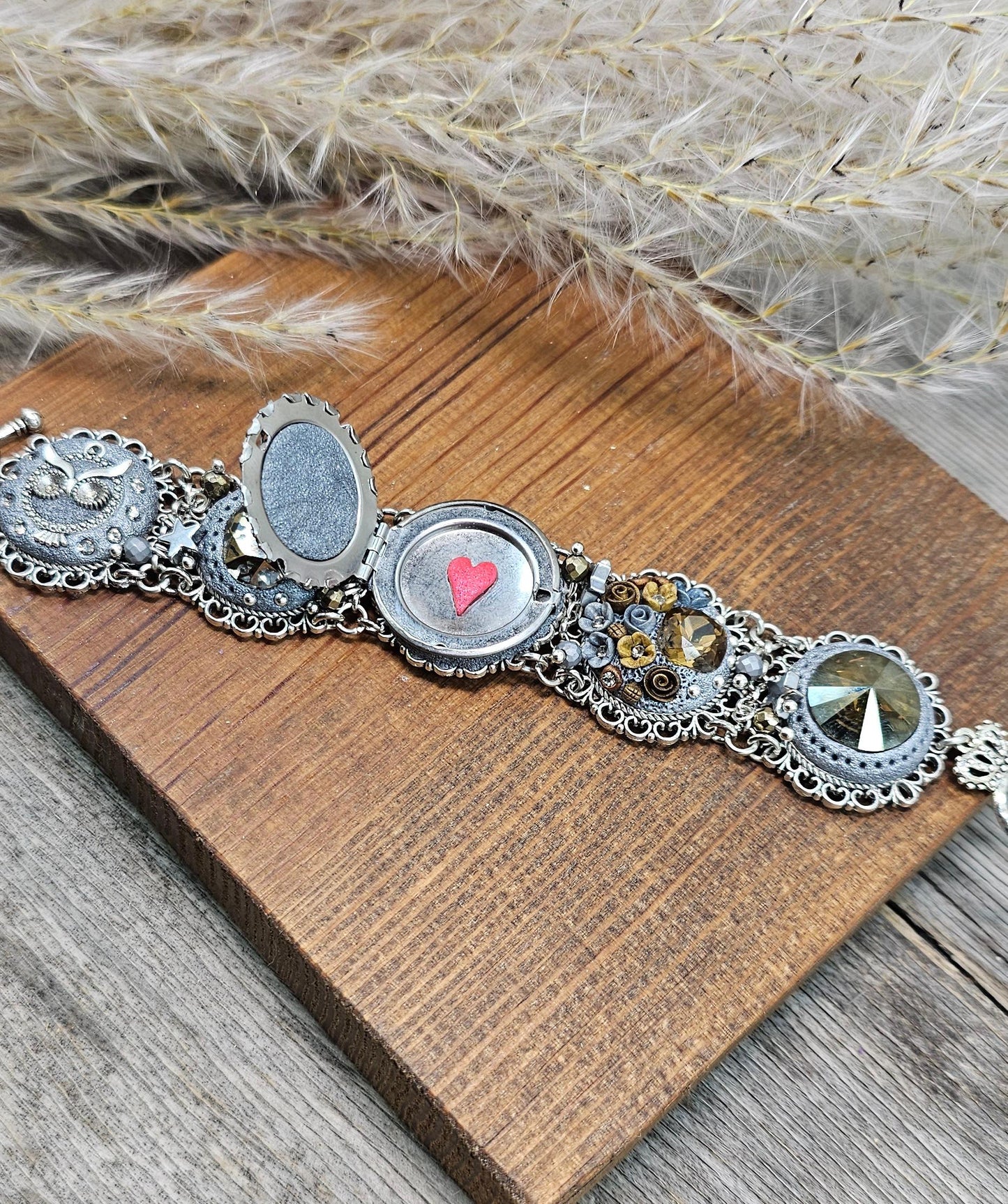 Brown crystal bracelet with locket, owl,moon, polymer clay flowers