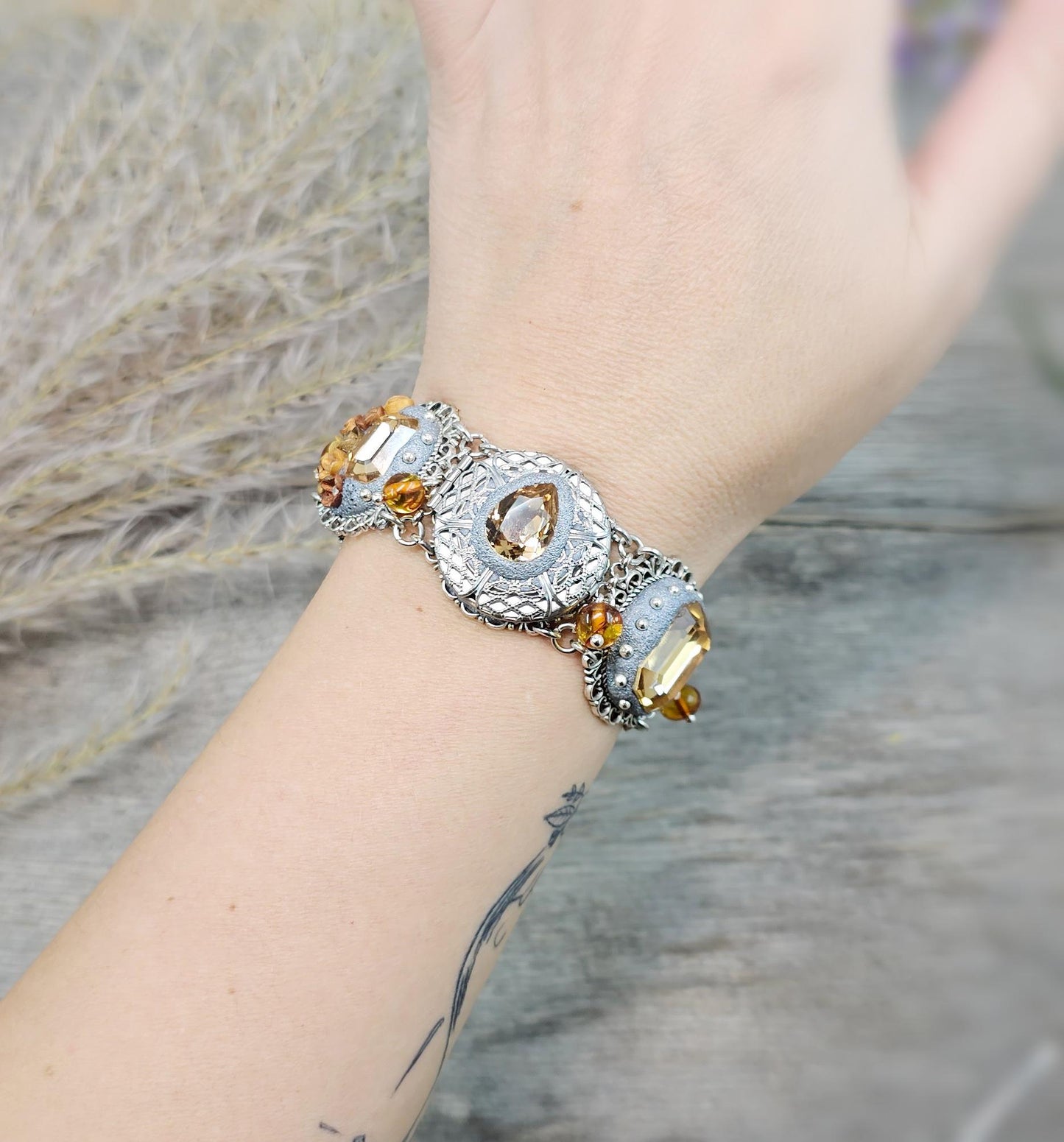 Gold color crystal bracelet with locket, owl detail, polymer clay flowers, floral bracelet. With amber beads. Amber Beads, Gold Beads, Tone Bracelet, Owl Bracelet, Polymer Flowers, Crystal Bracelet, Gold Crystal