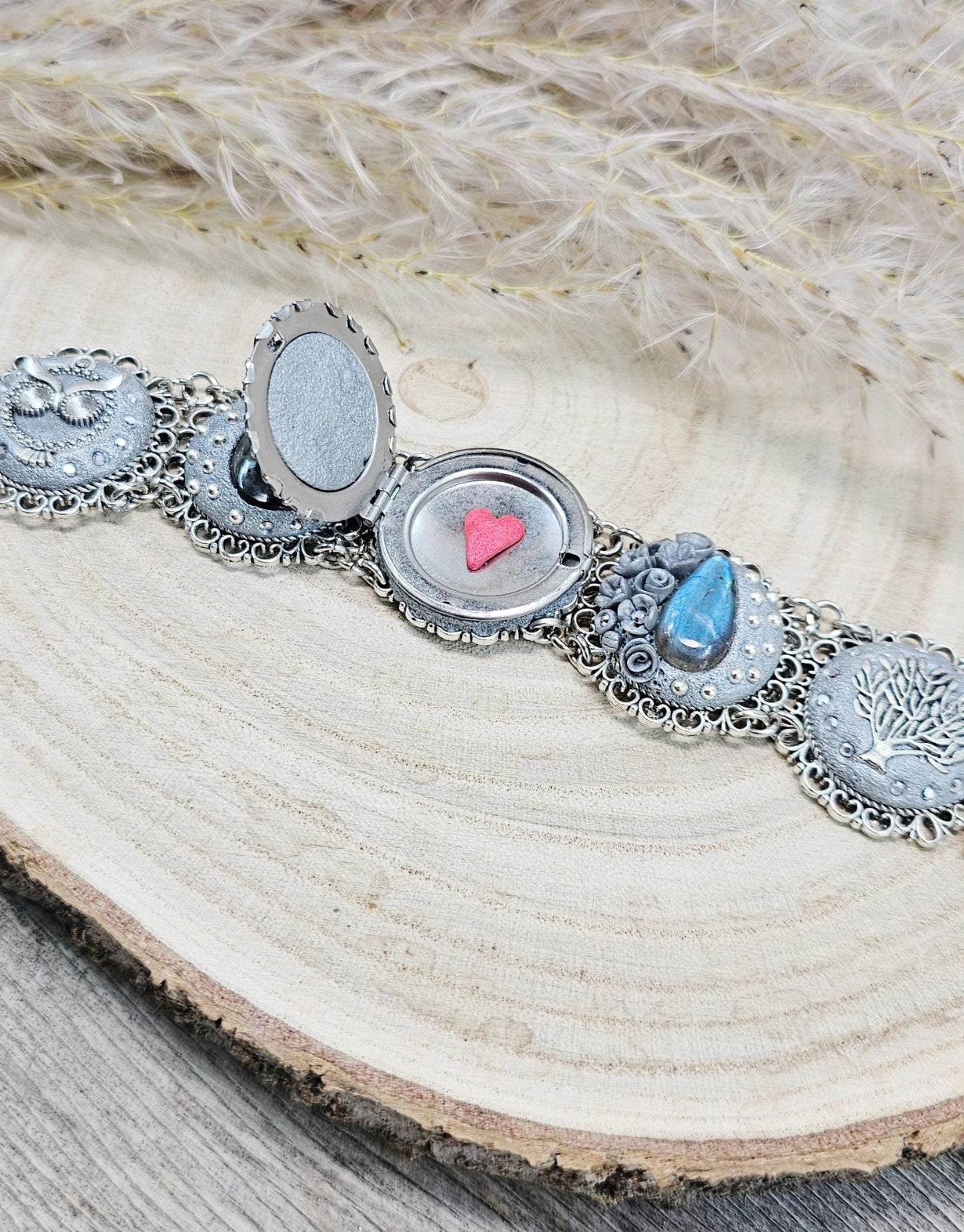 unique bracelet with tree labradorite stone, labradorite bracelet, bracelet with locket, photo bracelet, tree of life, owl jewelry, imagine. blue bracelet