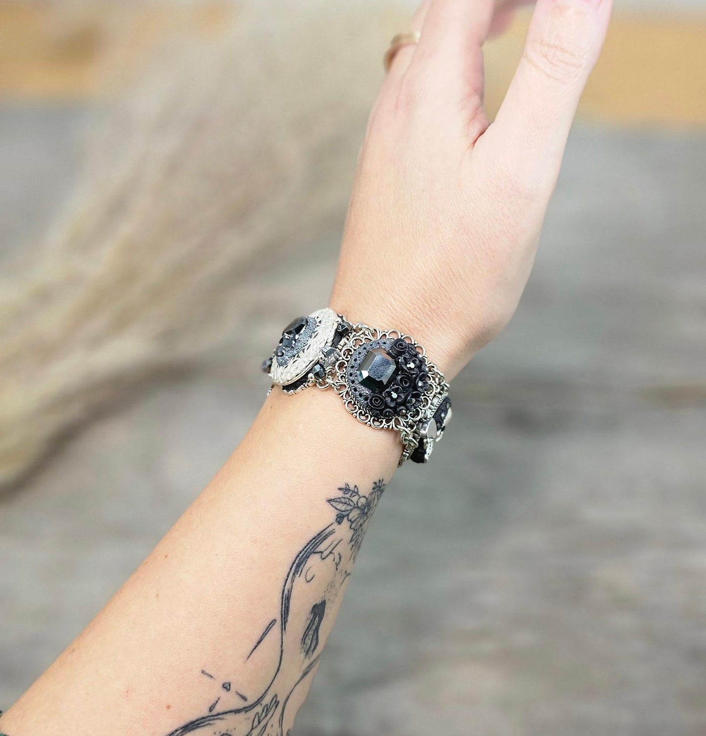 Black crystal bracelet, skull, heart, live now, hematite, polymer clay, floral bracelet, locket