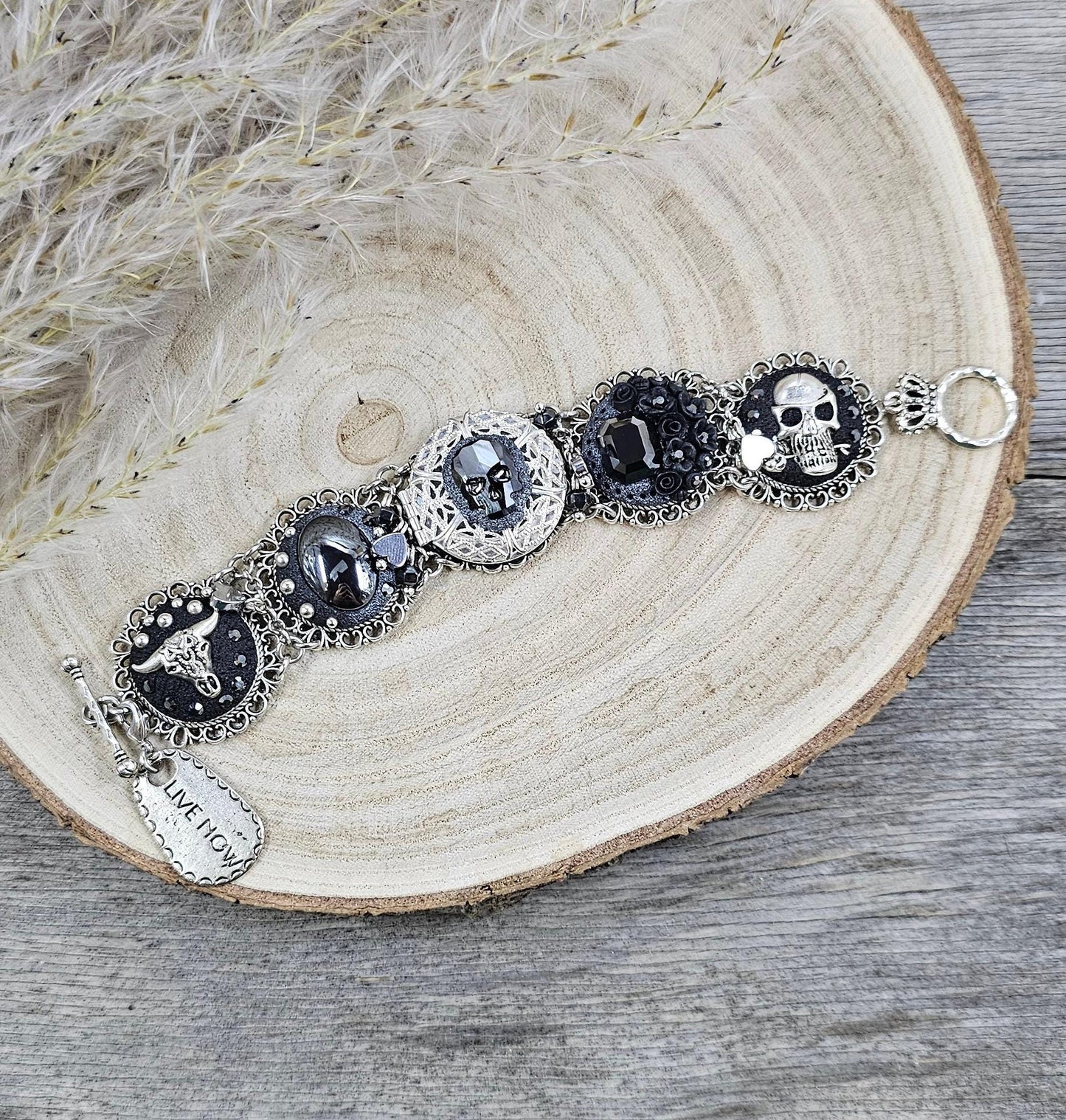 Black crystal bracelet, skull, heart, live now, hematite, polymer clay, floral bracelet, locket