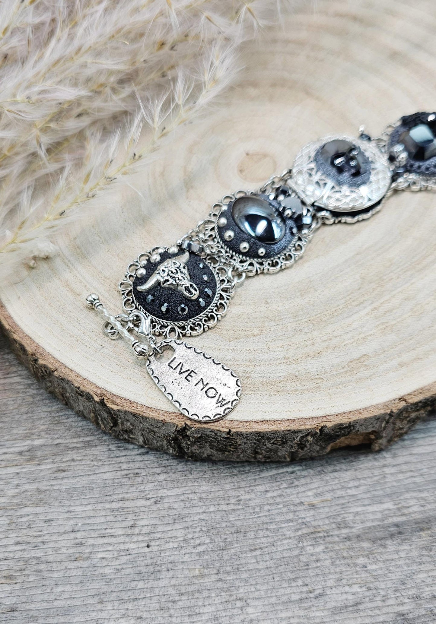 Black crystal bracelet, skull, heart, live now, hematite, polymer clay, floral bracelet, locket