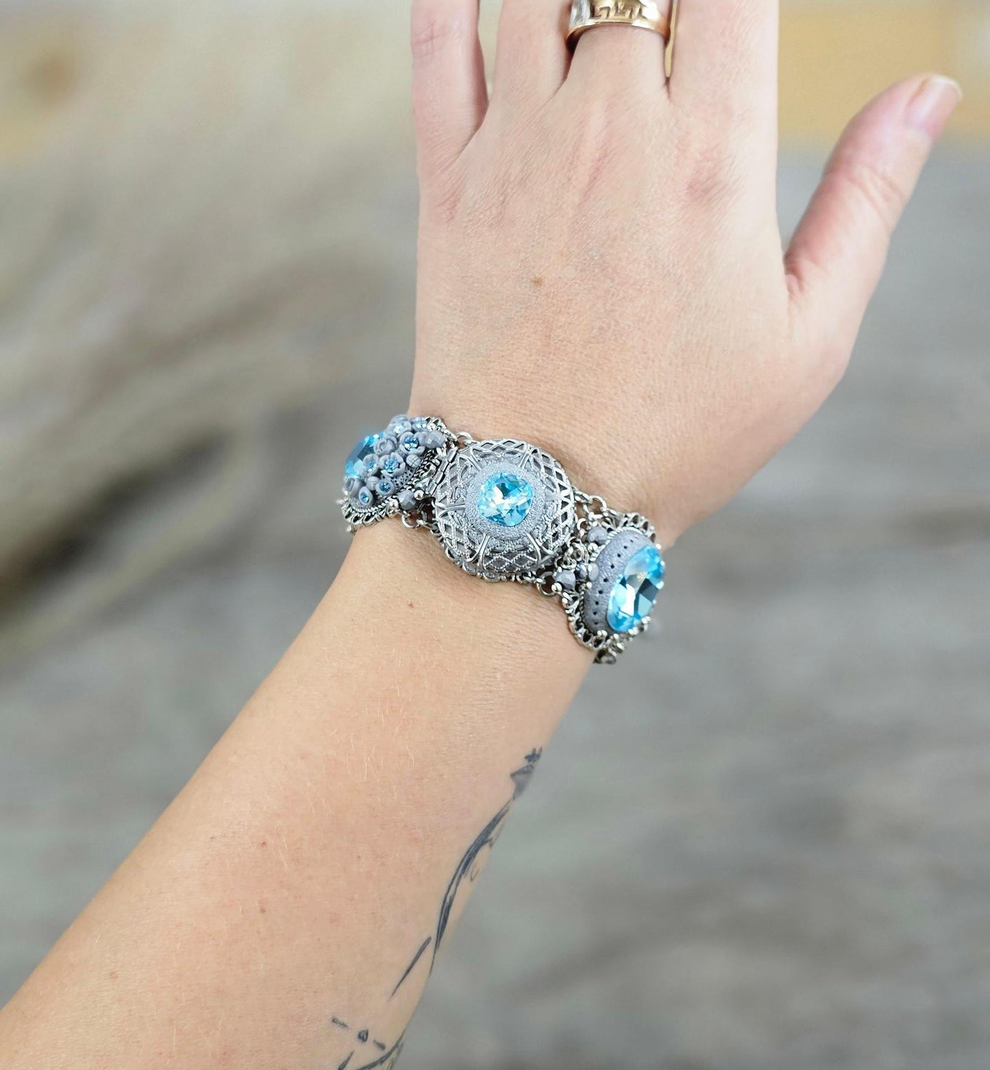 light blue crystals bracelet, blue bracelet, fairy tale, tree of life, secret locket, bracelet with locket, locket bracelet, polymer clay bracelet, polymer clay flowers,floral bracelet, live now bracelet, silver bracelet, metal bracelet