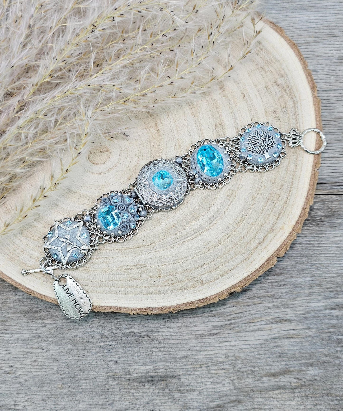 light blue crystals bracelet, blue bracelet, fairy tale, tree of life, secret locket, bracelet with locket, locket bracelet, polymer clay bracelet, polymer clay flowers,floral bracelet, live now bracelet, silver bracelet, metal bracelet