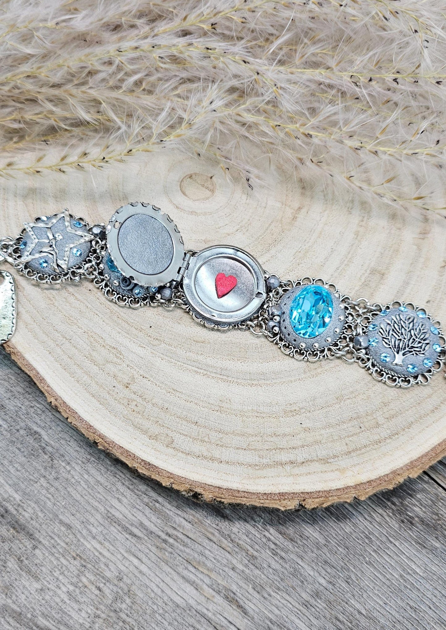 light blue crystals bracelet, blue bracelet, fairy tale, tree of life, secret locket, bracelet with locket, locket bracelet, polymer clay bracelet, polymer clay flowers,floral bracelet, live now bracelet, silver bracelet, metal bracelet