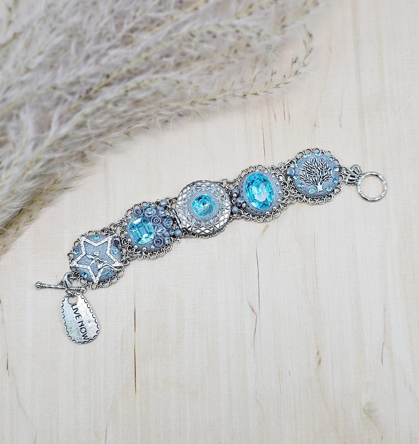 light blue crystals bracelet, blue bracelet, fairy tale, tree of life, secret locket, bracelet with locket, locket bracelet, polymer clay bracelet, polymer clay flowers,floral bracelet, live now bracelet, silver bracelet, metal bracelet