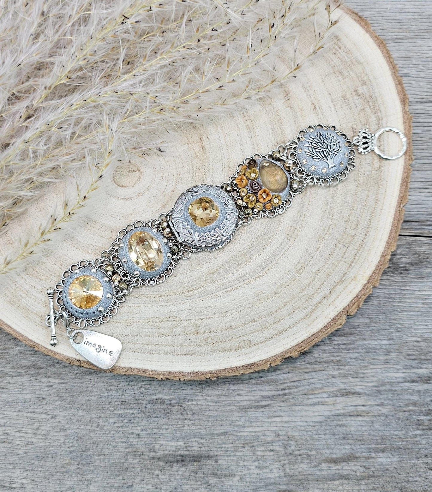 light gold, light brown crystal bracelet with locket and tree, polymer clay flowers,floral bracelet, polymer clay bracelet, metali bracelet