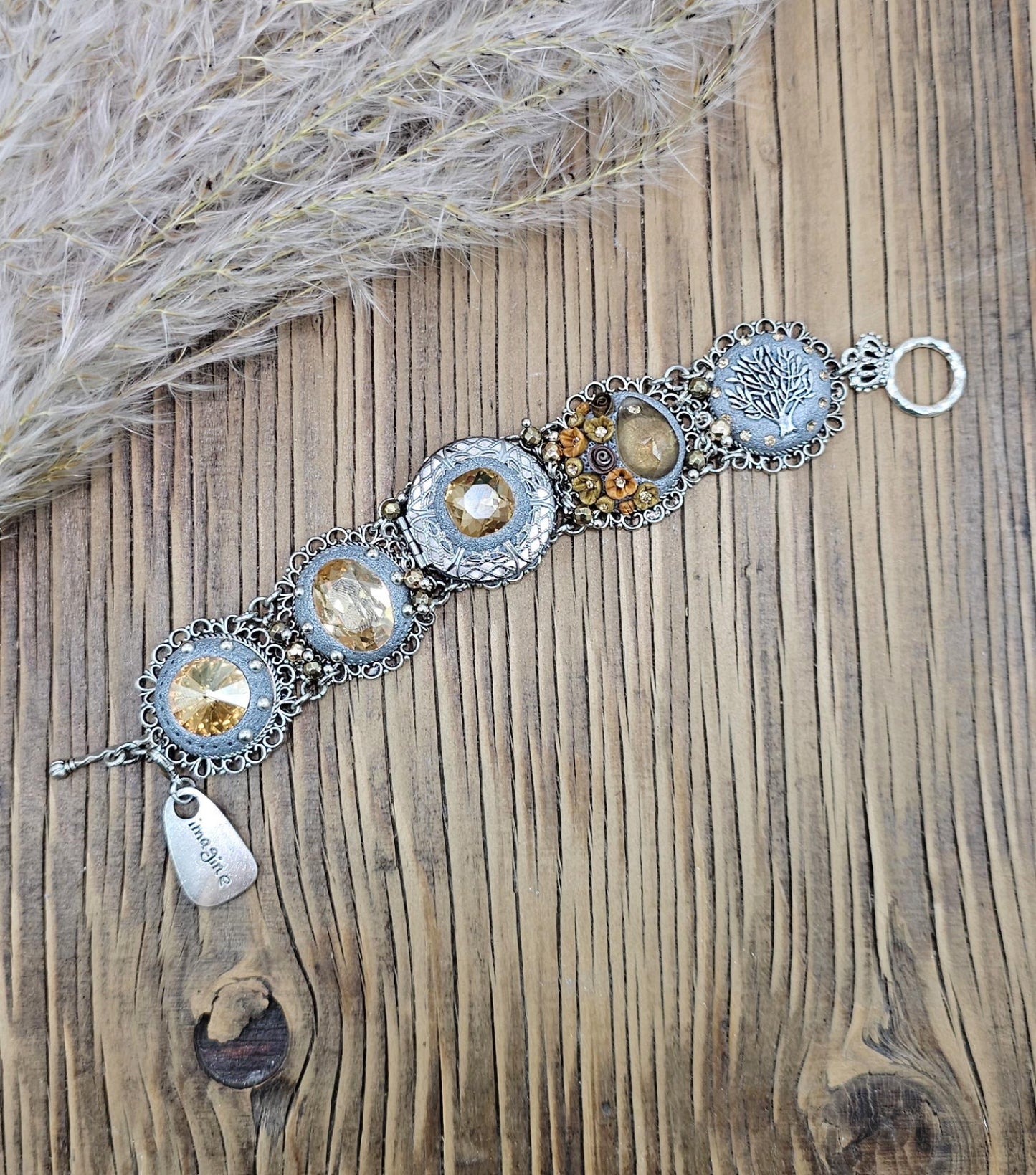 light gold, light brown crystal bracelet with locket and tree, polymer clay flowers,floral bracelet, polymer clay bracelet, metali bracelet