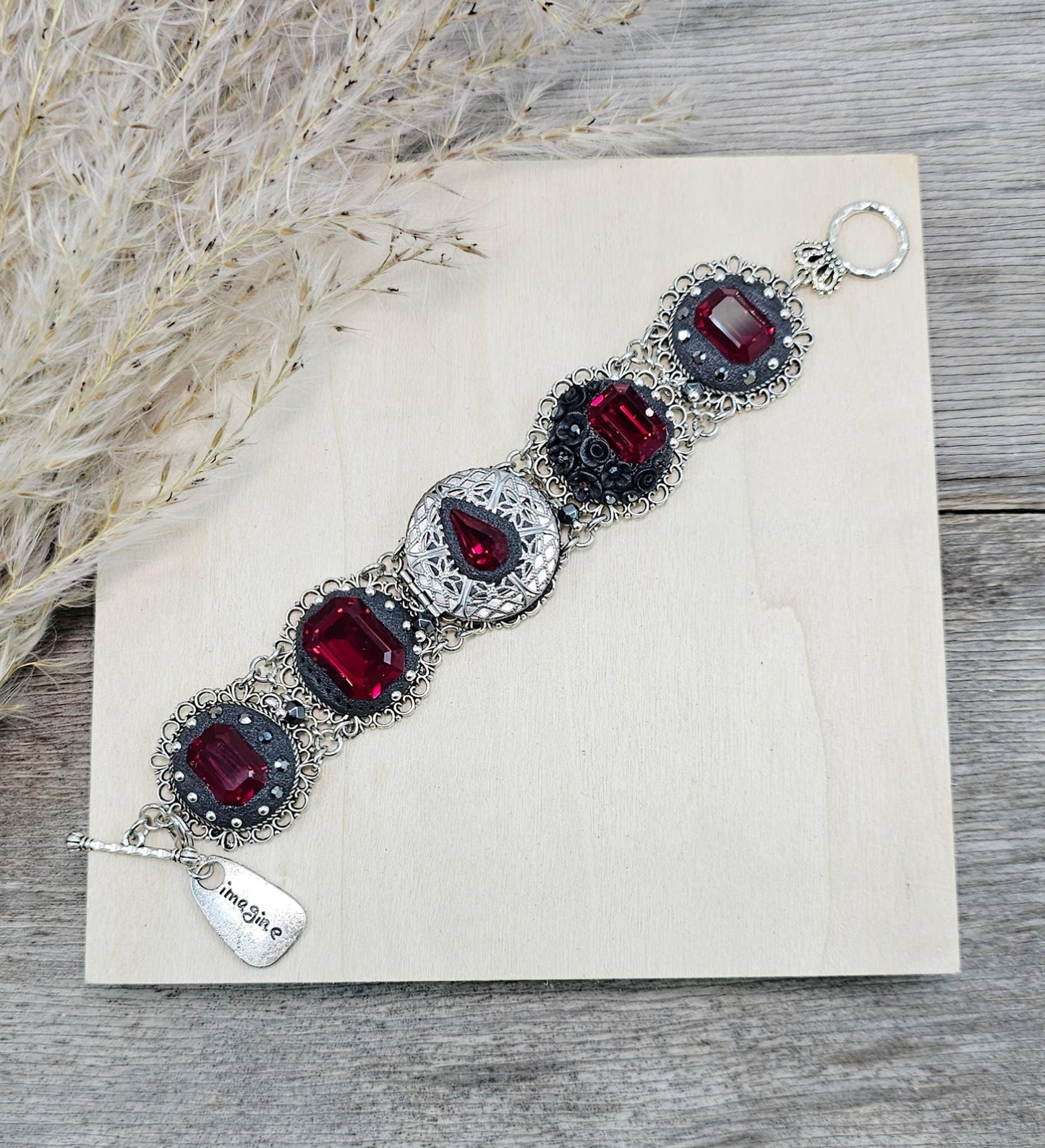 Dark red crystal bracelet with locket, black polymer clay flowers, black bracelet, dark bracelet, metal bracelet, floral bracelet