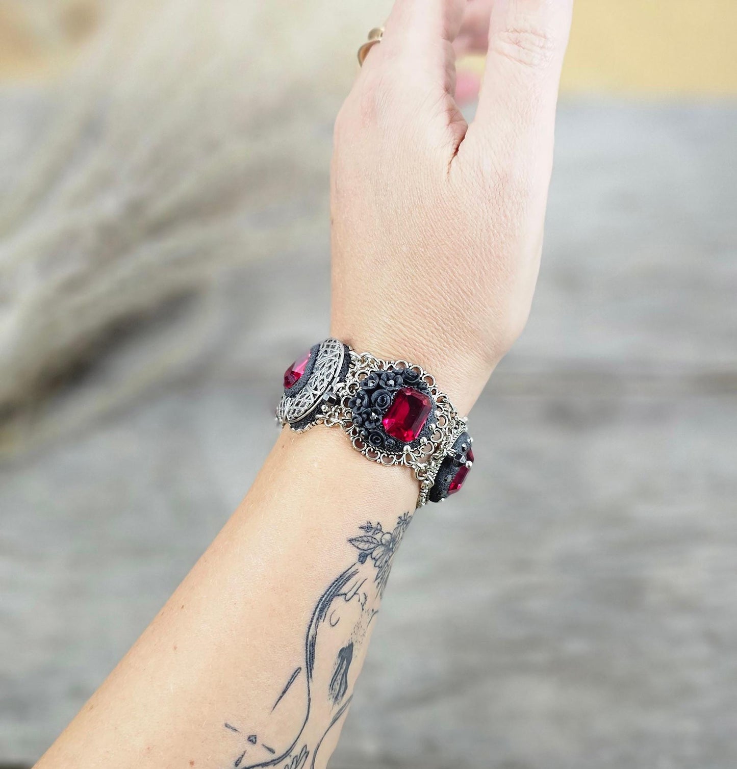 Dark red crystal bracelet with locket, black polymer clay flowers, black bracelet, dark bracelet, metal bracelet, floral bracelet