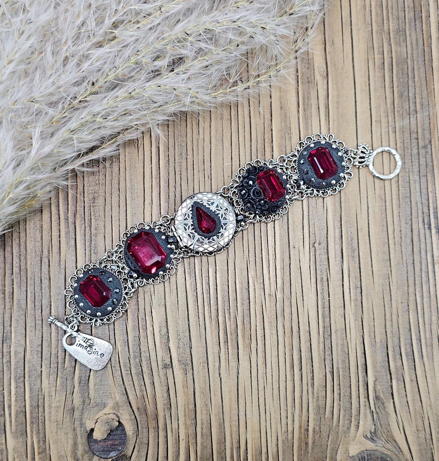 Dark red crystal bracelet with locket, black polymer clay flowers, black bracelet, dark bracelet, metal bracelet, floral bracelet