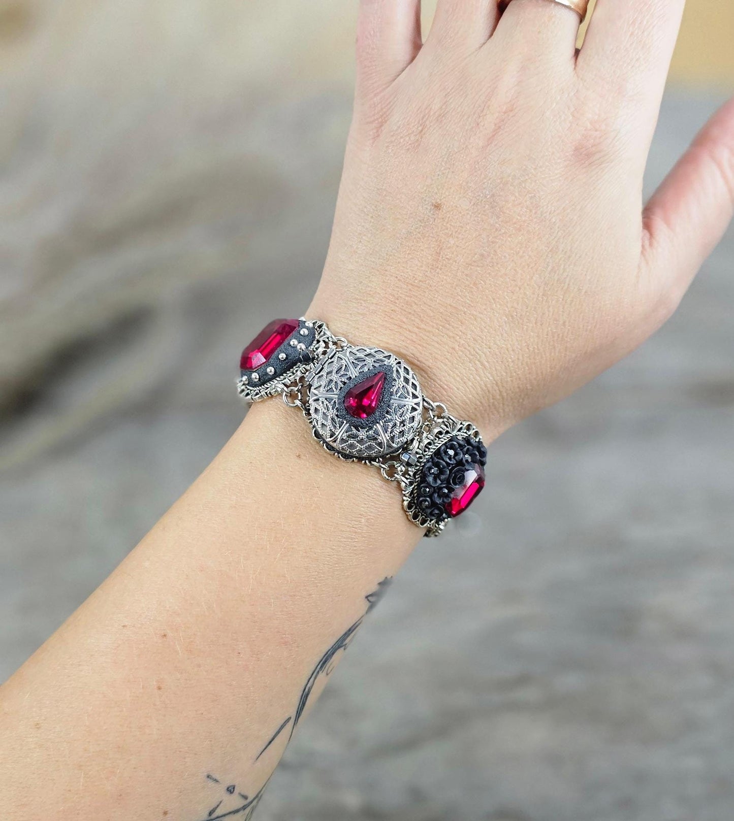 Dark red crystal bracelet with locket, black polymer clay flowers, black bracelet, dark bracelet, metal bracelet, floral bracelet