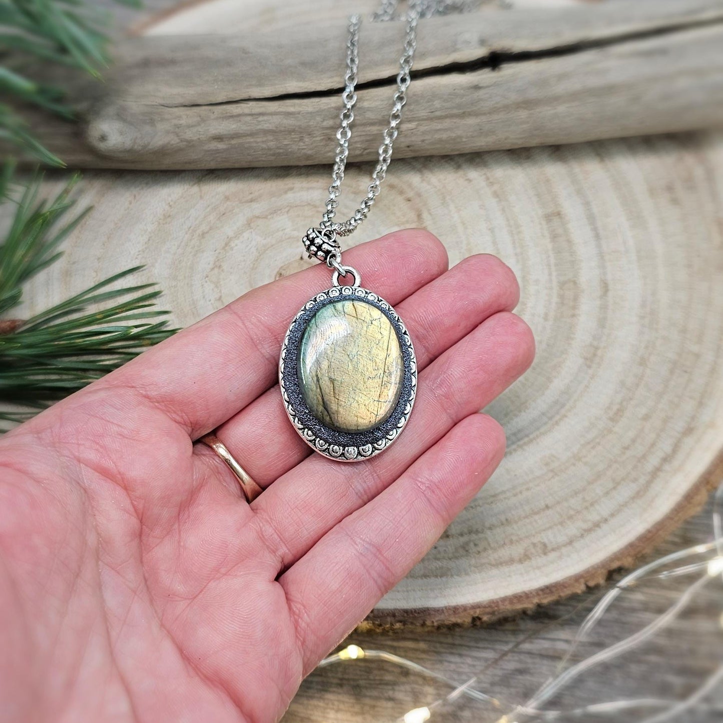 Double Sided Pendant Locket with Labradorite and Heart, Valentine day Love gift, For essential oil or Photo, Boho style, Protective Stone