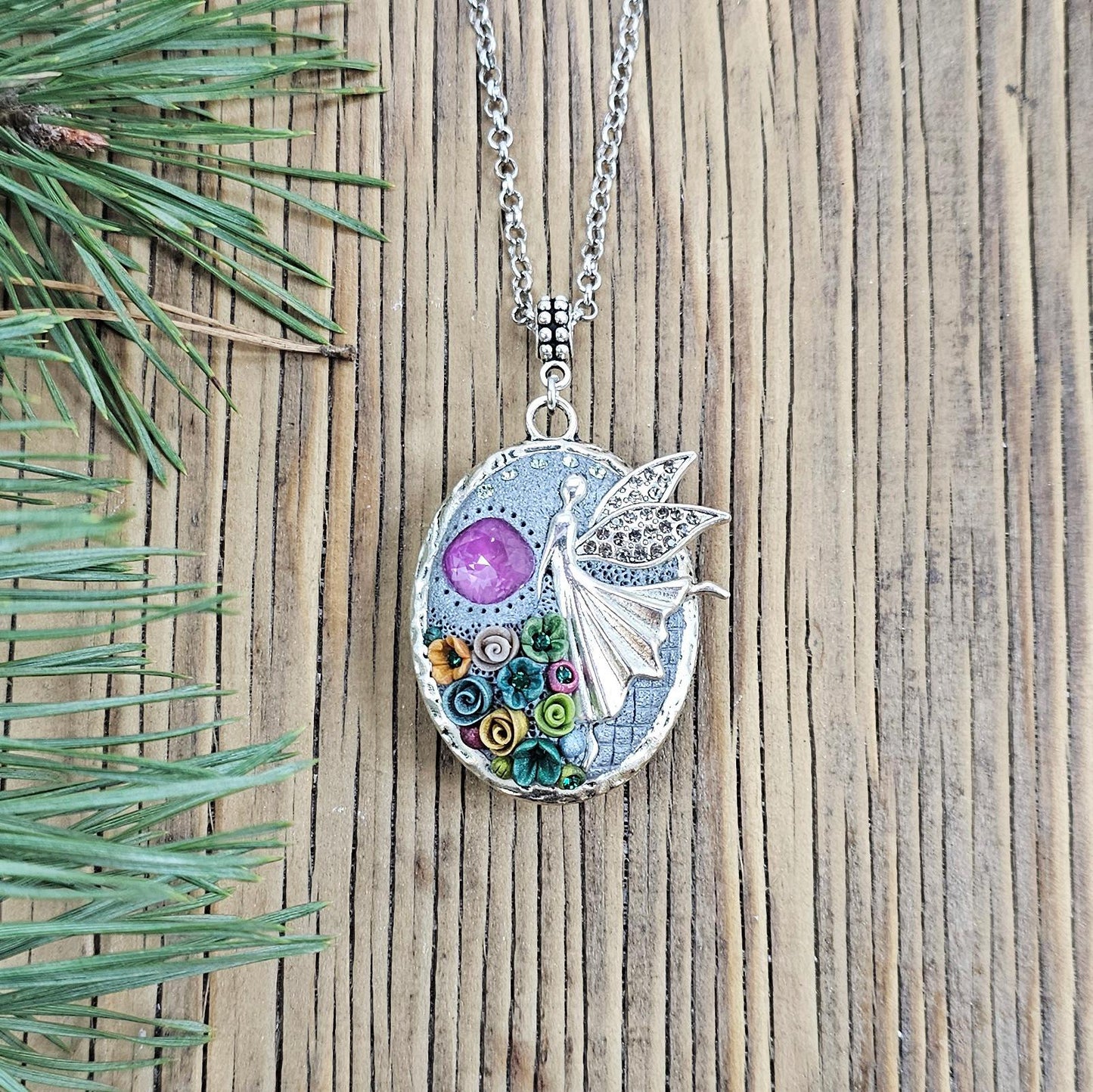 colorful fairy angel pendant locket witch crystal and polymer clay flowers