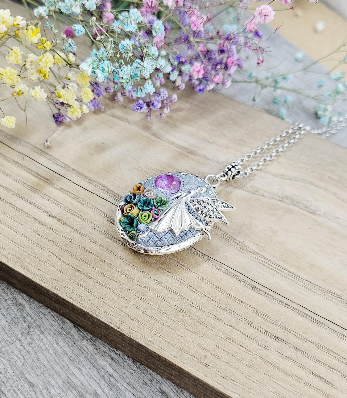 colorful fairy angel pendant locket witch crystal and polymer clay flowers