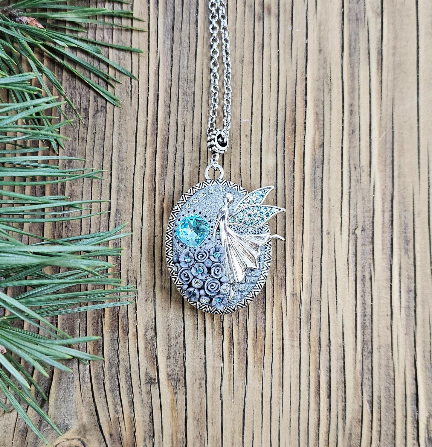 polymer clay and metal pendant locket with fairy angel, crystal, polymer clayflowers, perfect for Valentine day gift