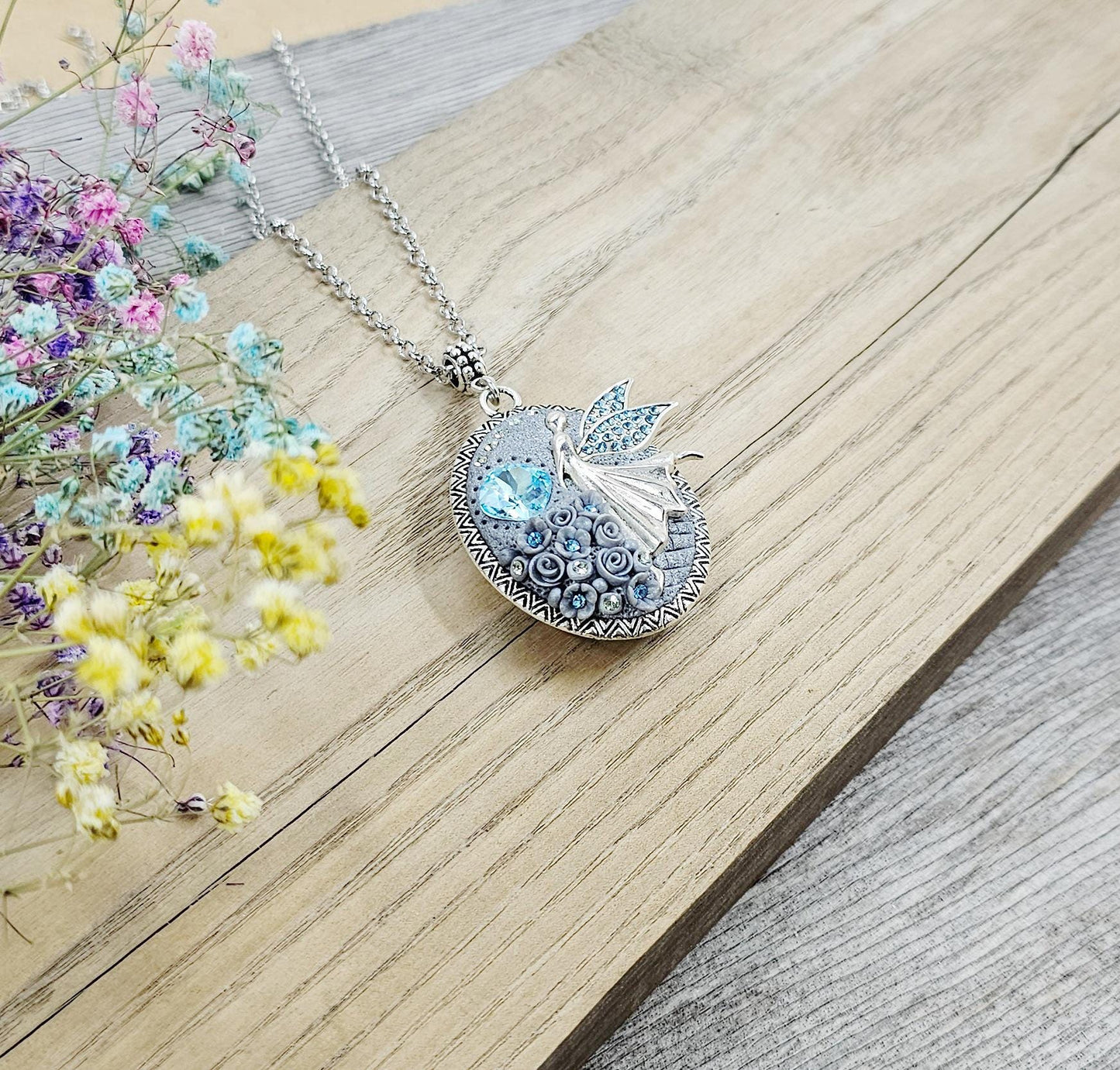 polymer clay and metal pendant locket with fairy angel, crystal, polymer clayflowers, perfect for Valentine day gift