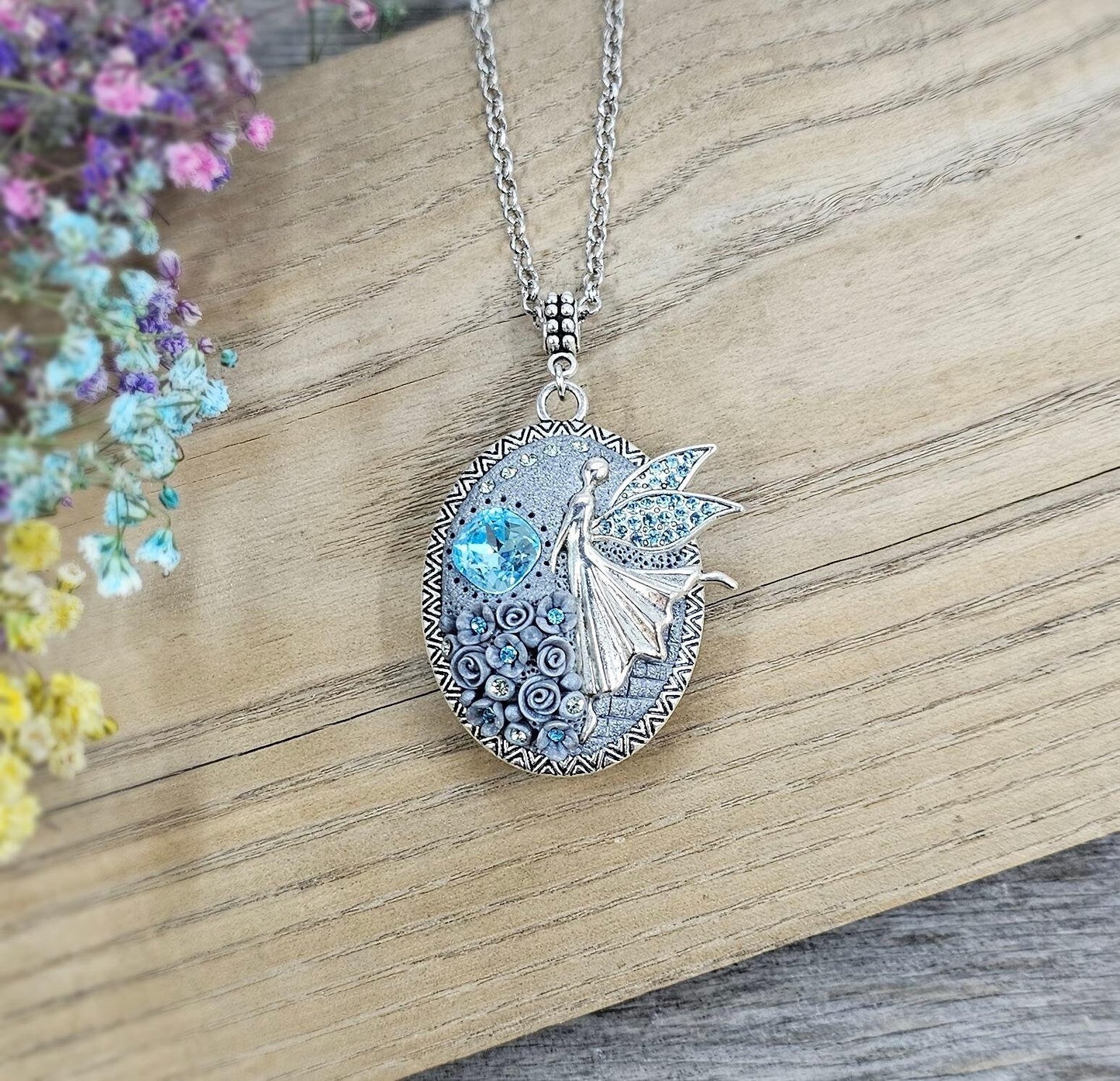 polymer clay and metal pendant locket with fairy angel, crystal, polymer clayflowers, perfect for Valentine day gift