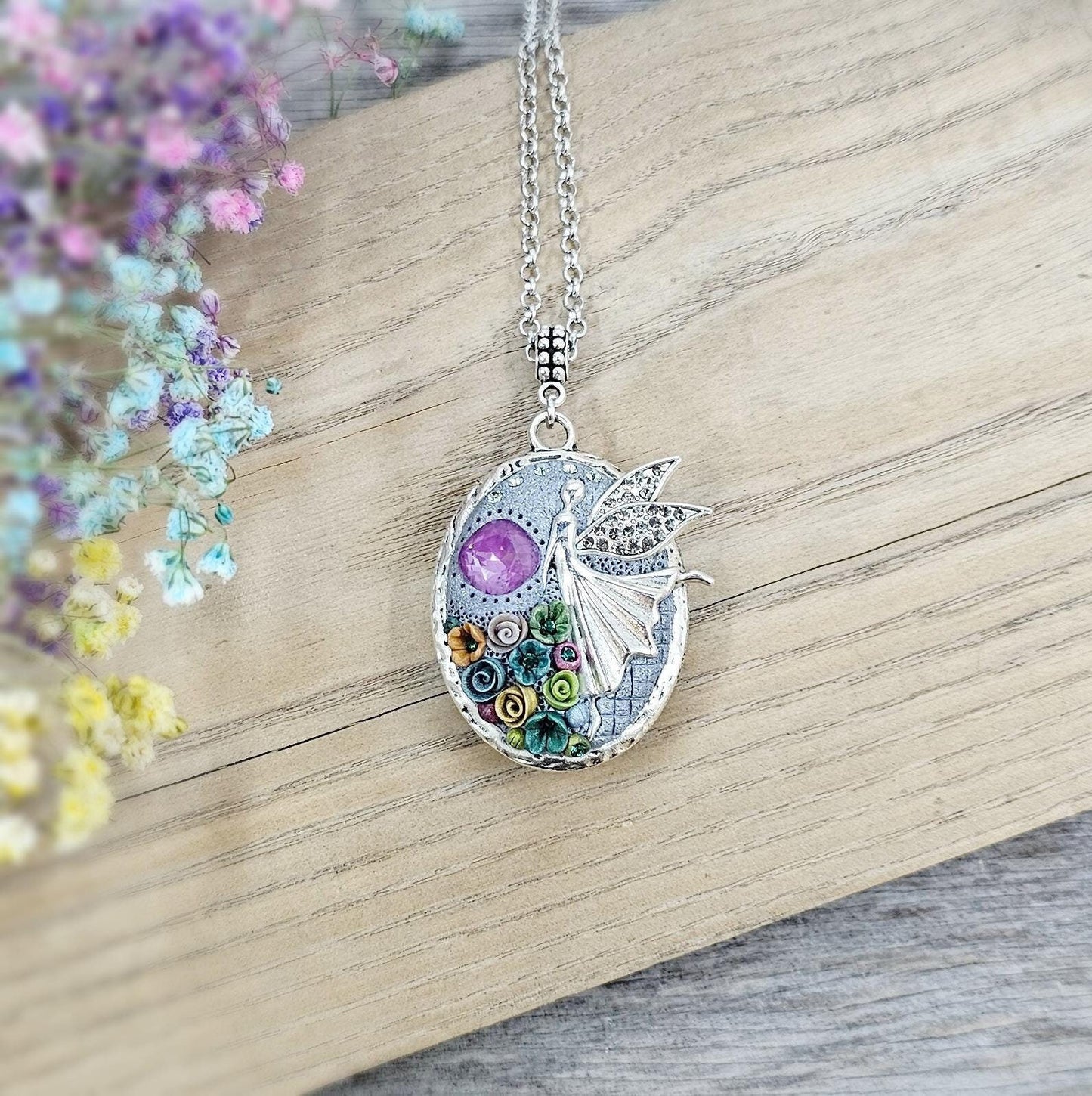 colorful fairy angel pendant locket witch crystal and polymer clay flowers