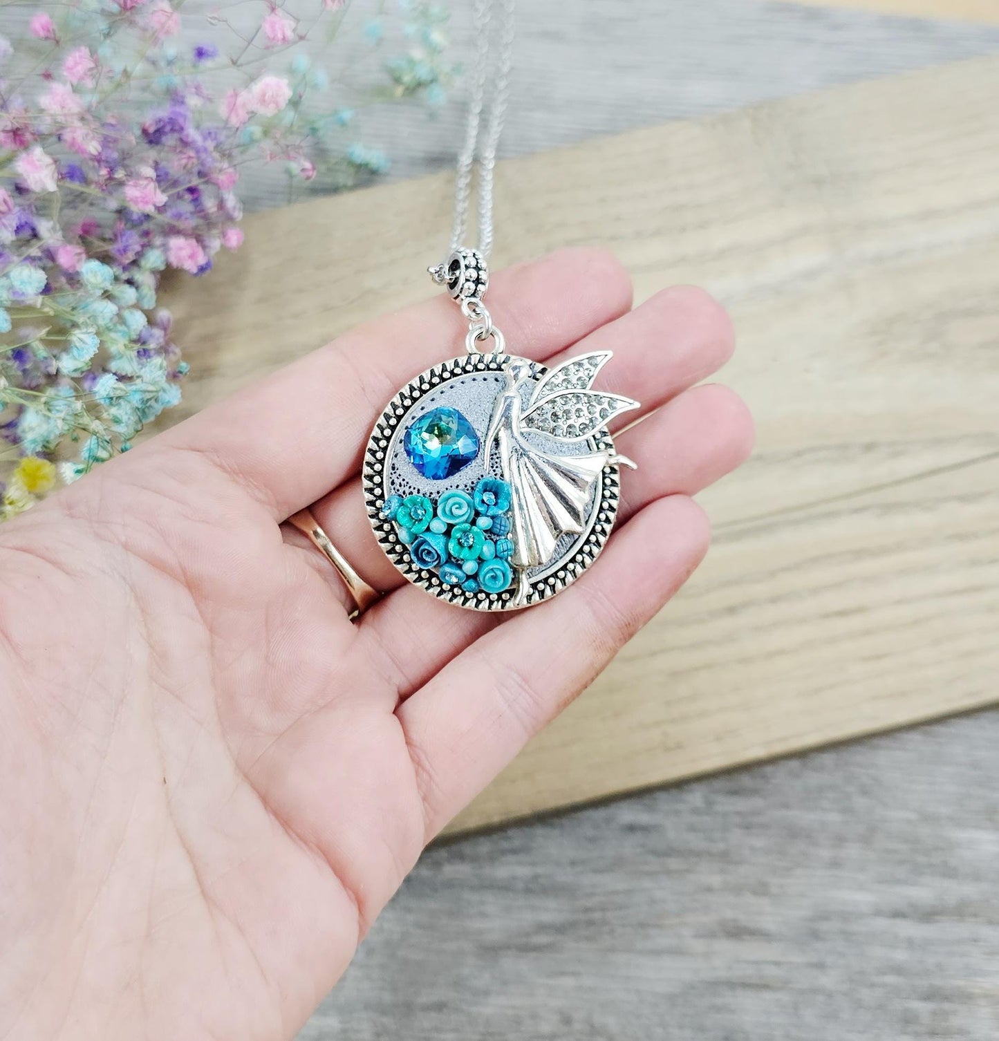 double sided turquoise polymer clay flowers, pendant locket, fairy, angel, for photoor essential oil, gift fot Valentine day