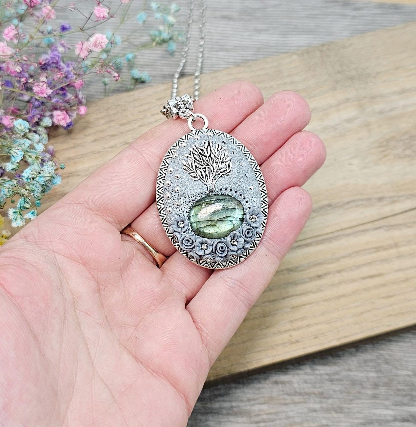 Tree of Life, Tree of Life Pendant, Pendant, Locket Pendant, Labradorite , Labradorite Pendant, Labradorite Jewelry, Floral Jewelry, Polymer Clay, Clay Pendant, Floral Pendant, Gift For Mom, Gift For Her