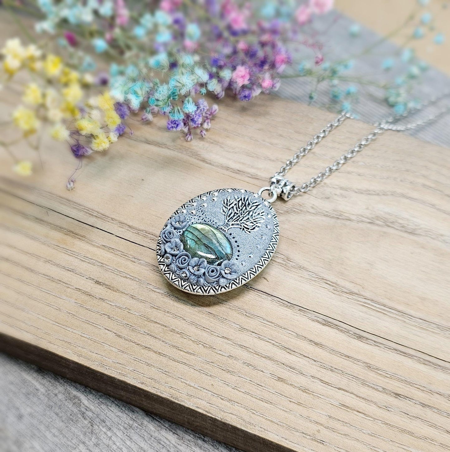 Tree of Life, Tree of Life Pendant, Pendant, Locket Pendant, Labradorite , Labradorite Pendant, Labradorite Jewelry, Floral Jewelry, Polymer Clay, Clay Pendant, Floral Pendant, Gift For Mom, Gift For Her