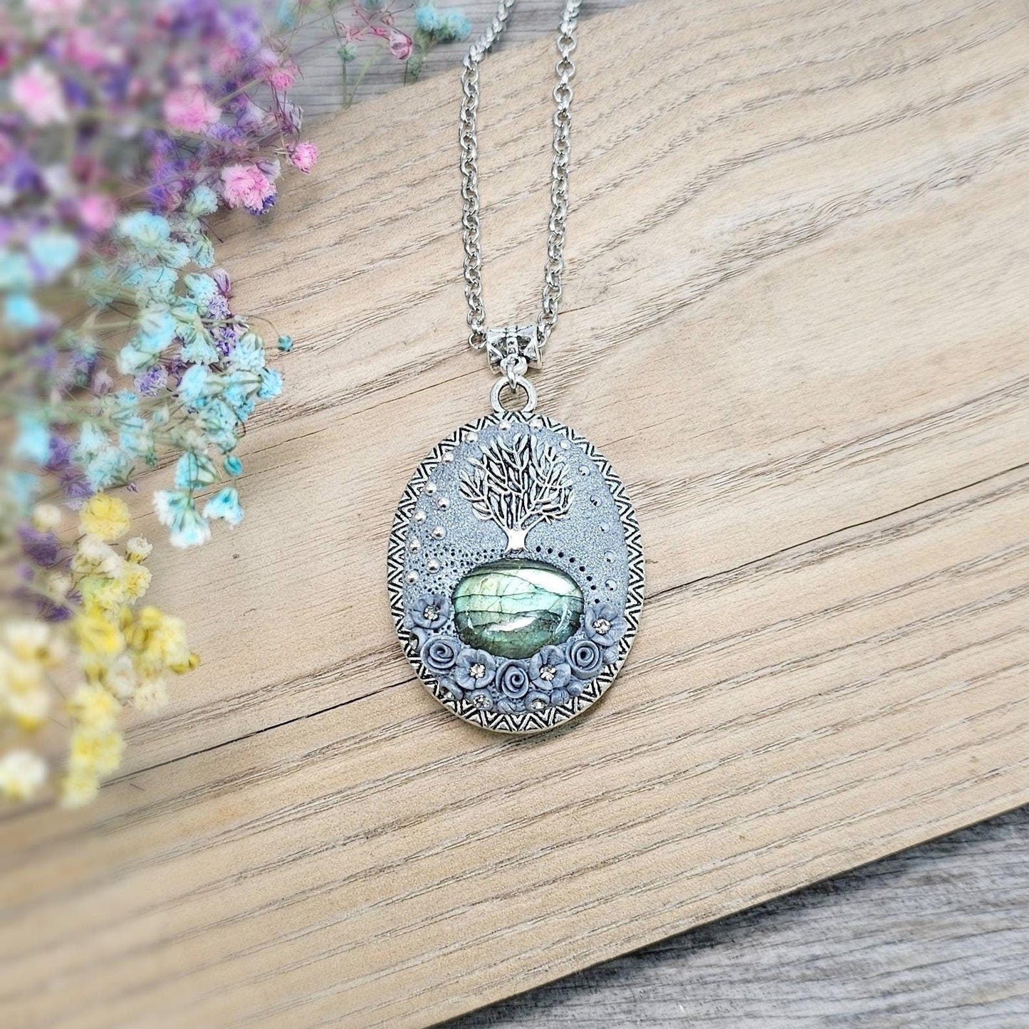 Tree of Life, Tree of Life Pendant, Pendant, Locket Pendant, Labradorite , Labradorite Pendant, Labradorite Jewelry, Floral Jewelry, Polymer Clay, Clay Pendant, Floral Pendant, Gift For Mom, Gift For Her