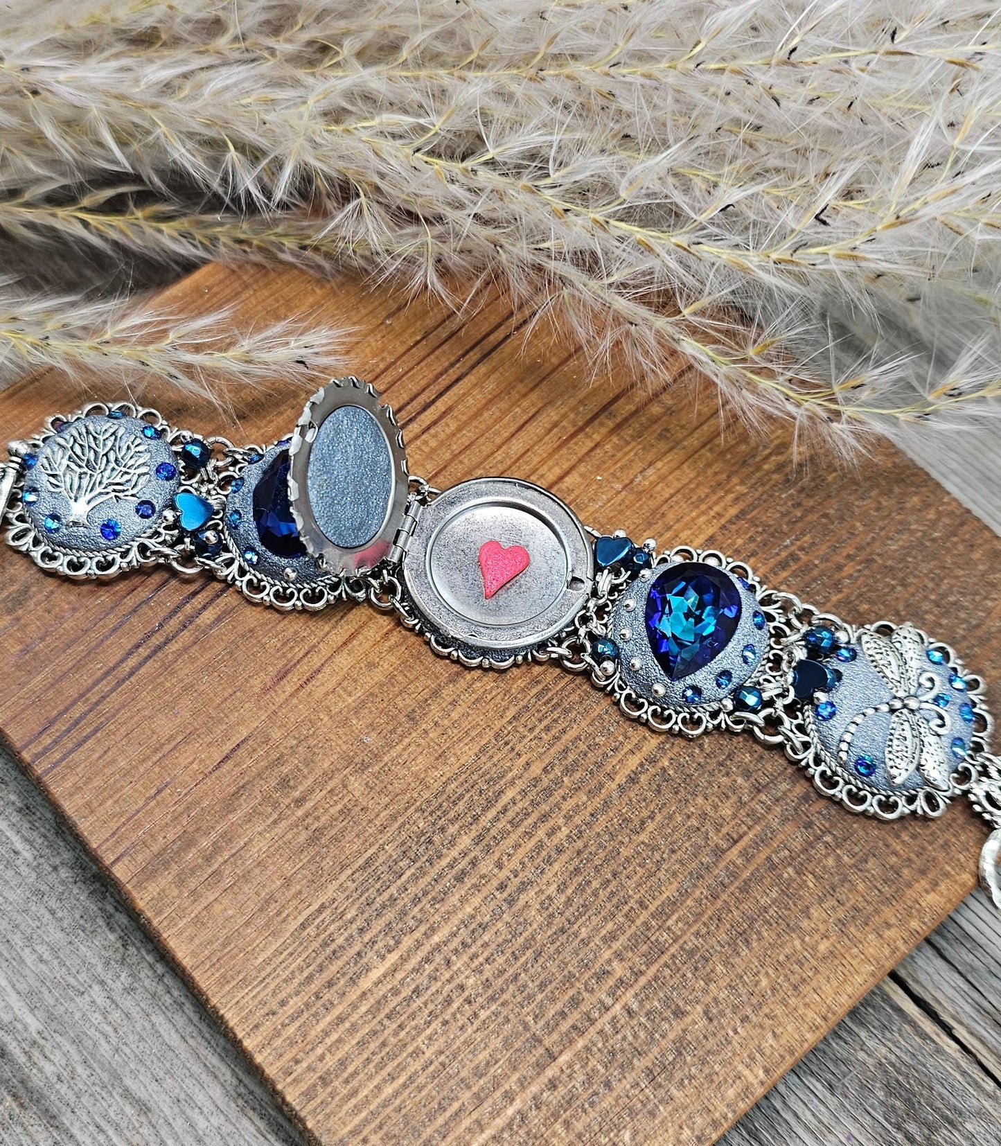Blue crystal bracelet with polymer clayflowers, locket, dragonfly and tree. polymer clay, polymer bracelet, Clay Bracelet, polymer clay jewelry, Polymer clay beads, Polymer Flowers, Crystal Bracelet