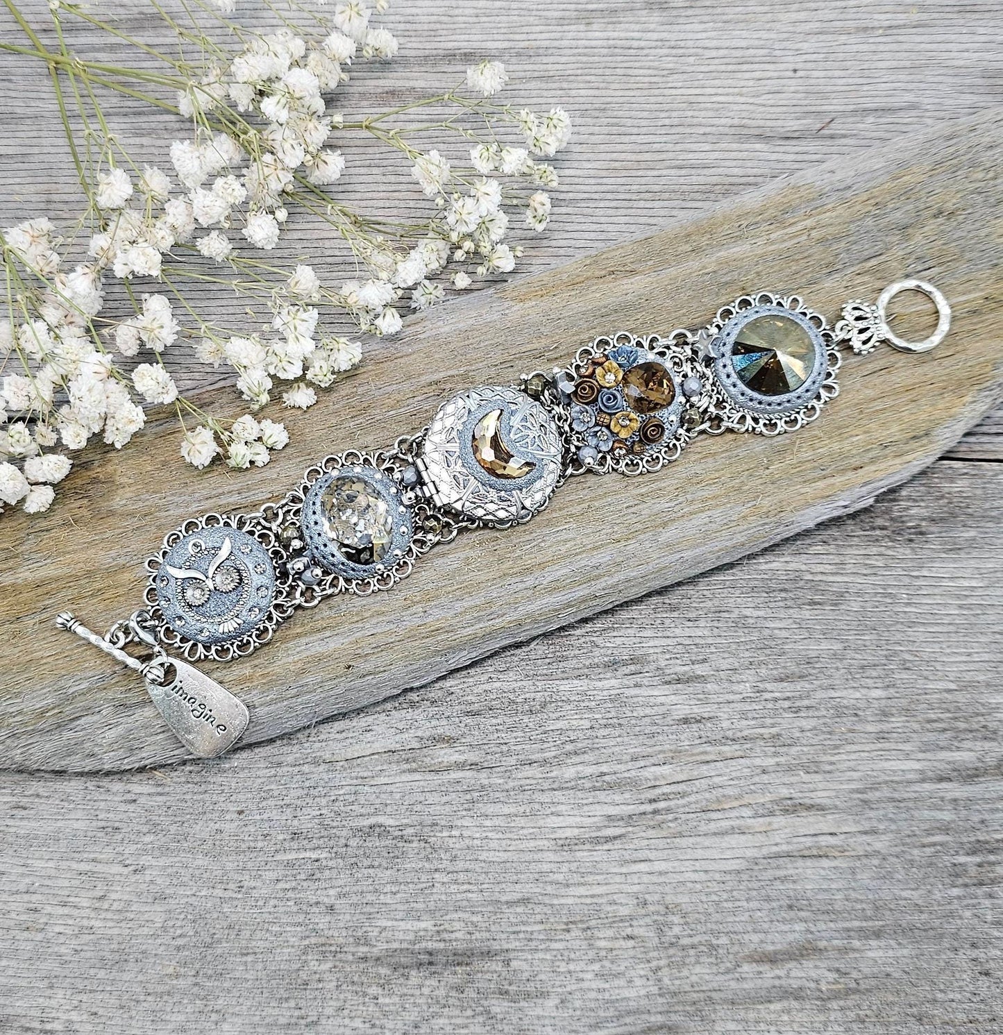 Brown crystal bracelet with locket, owl,moon, polymer clay flowers