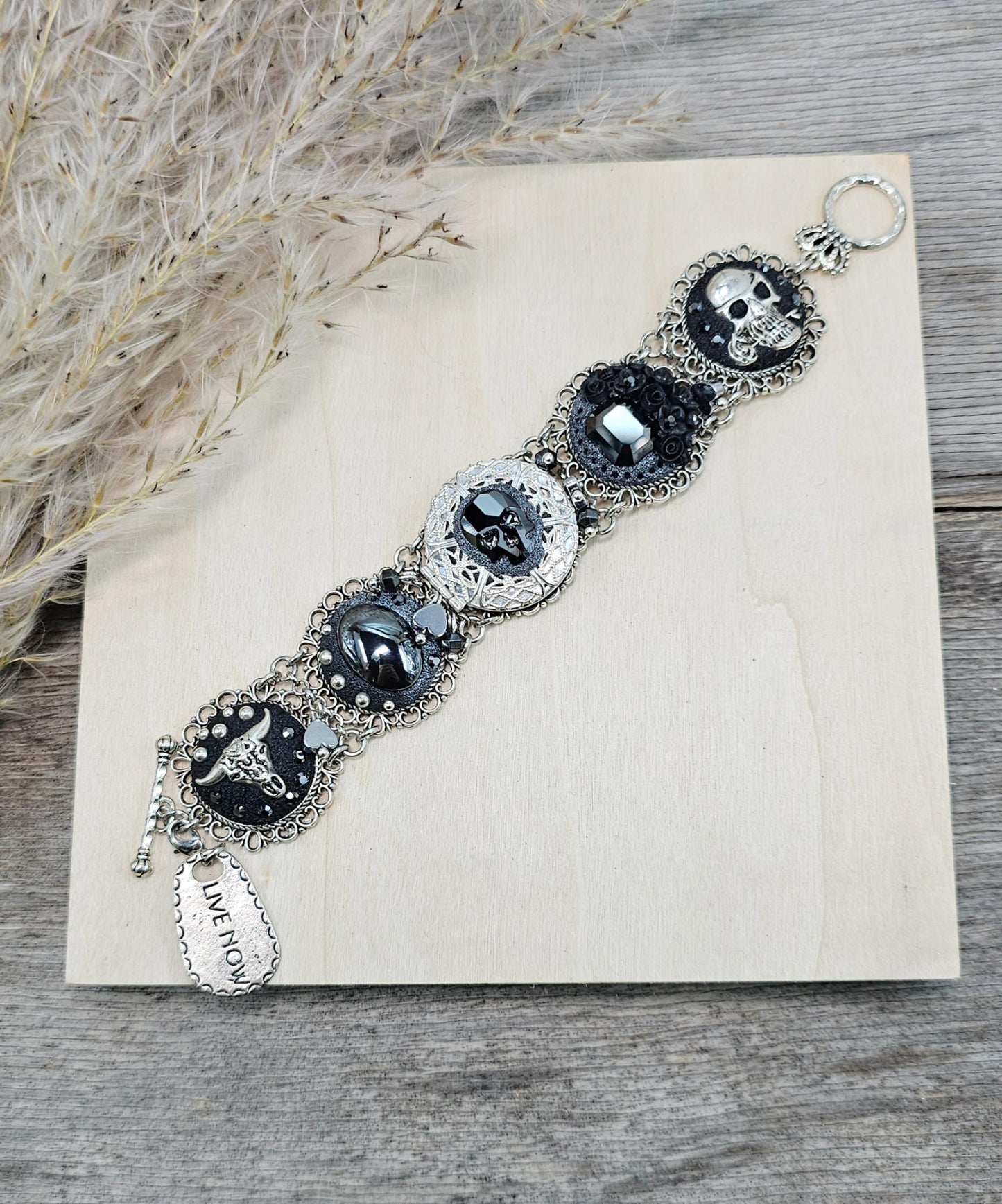 Black crystal bracelet, skull, heart, live now, hematite, polymer clay, floral bracelet, locket