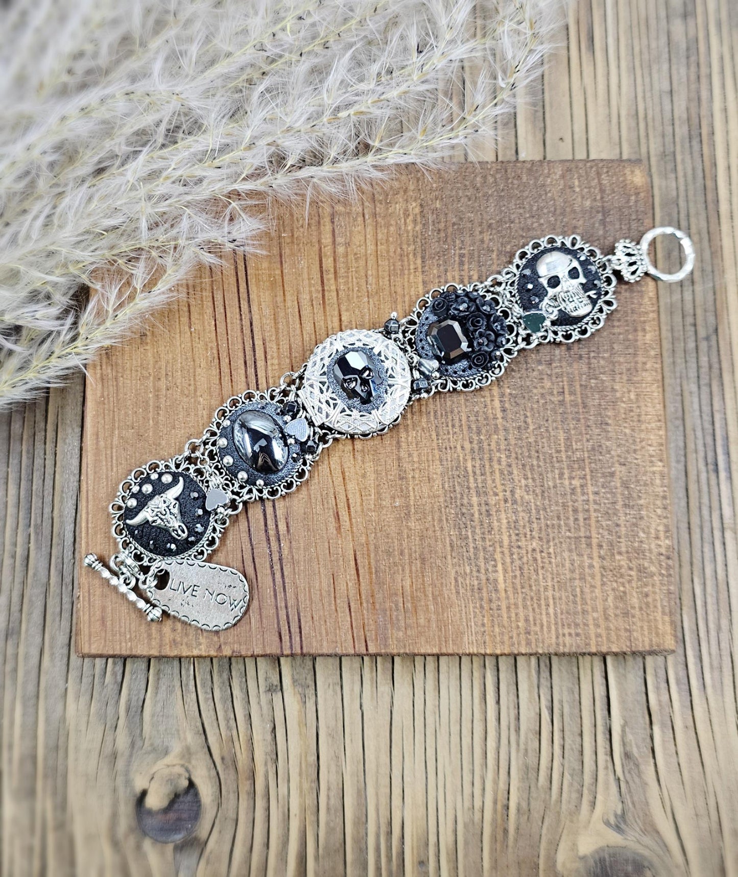 Black crystal bracelet, skull, heart, live now, hematite, polymer clay, floral bracelet, locket