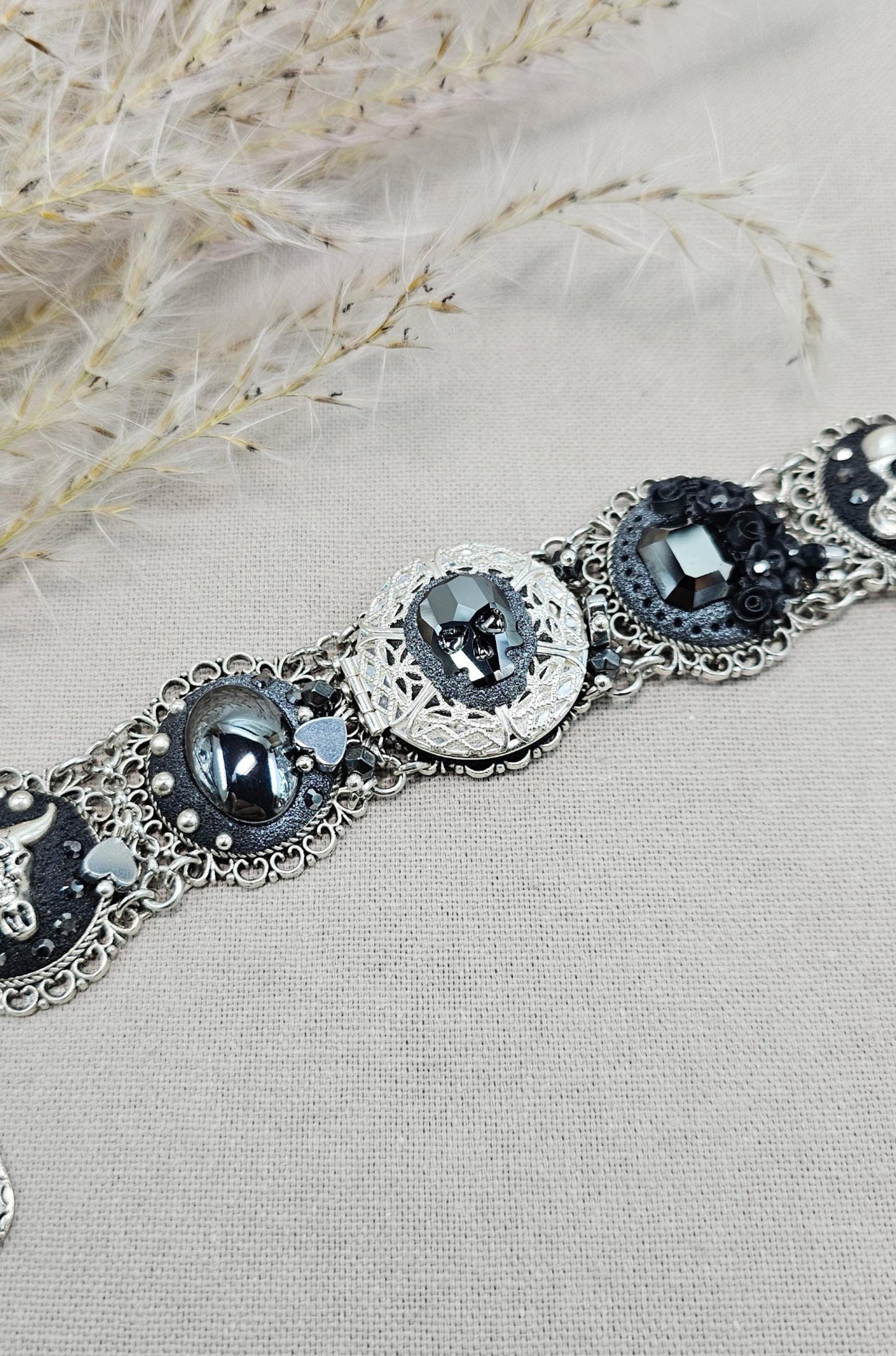 Black crystal bracelet, skull, heart, live now, hematite, polymer clay, floral bracelet, locket