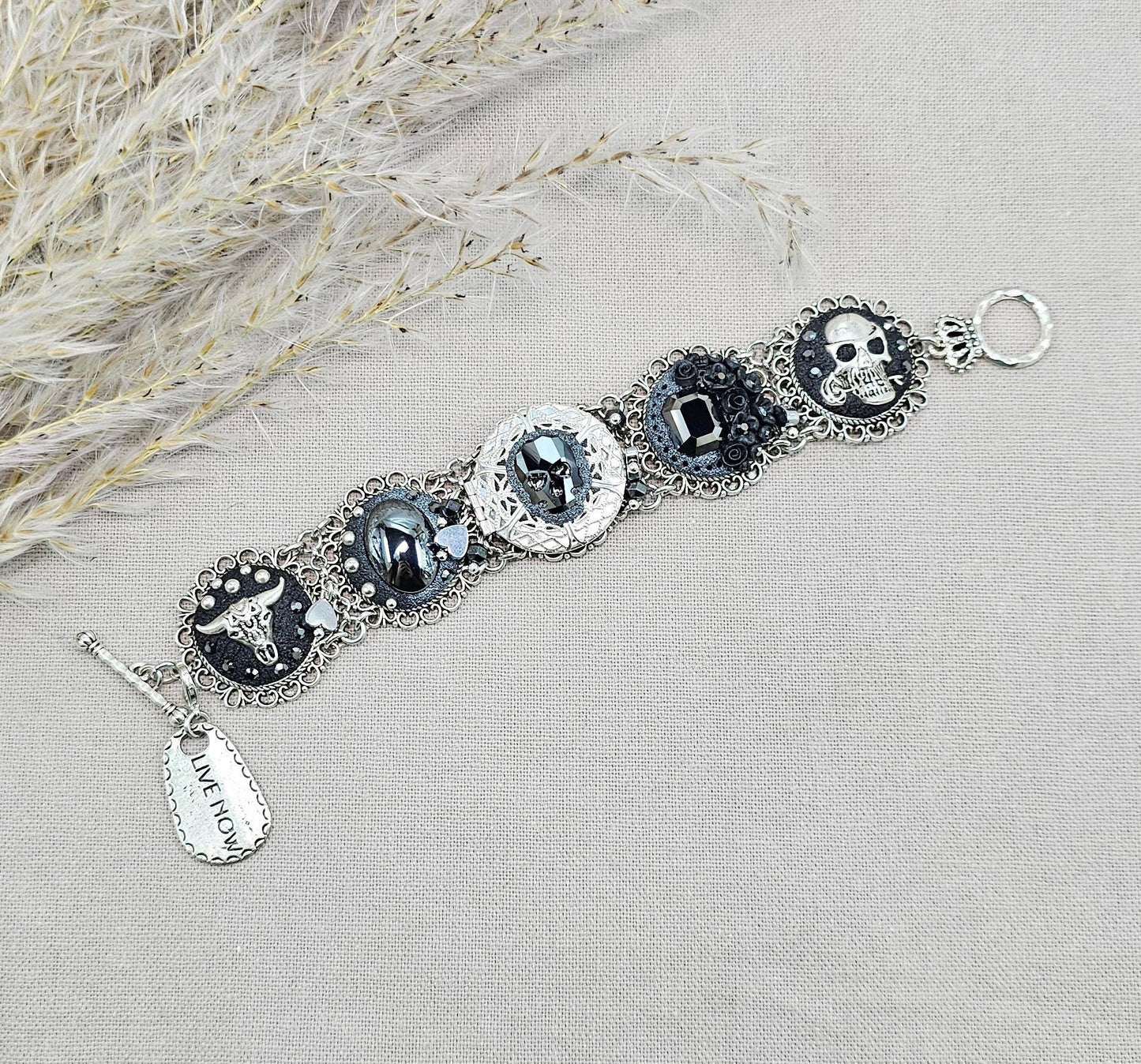 Black crystal bracelet, skull, heart, live now, hematite, polymer clay, floral bracelet, locket