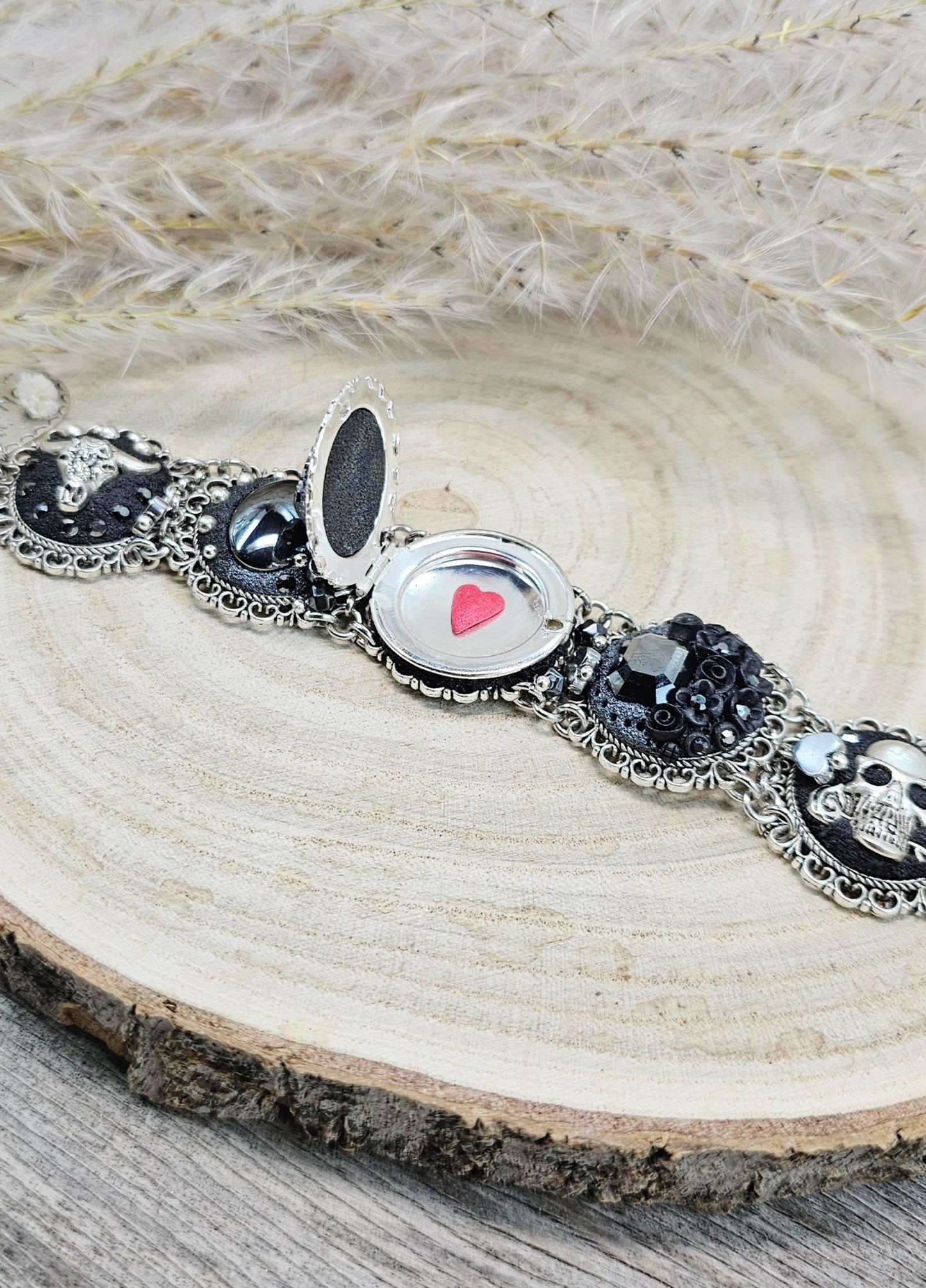 Black crystal bracelet, skull, heart, live now, hematite, polymer clay, floral bracelet, locket