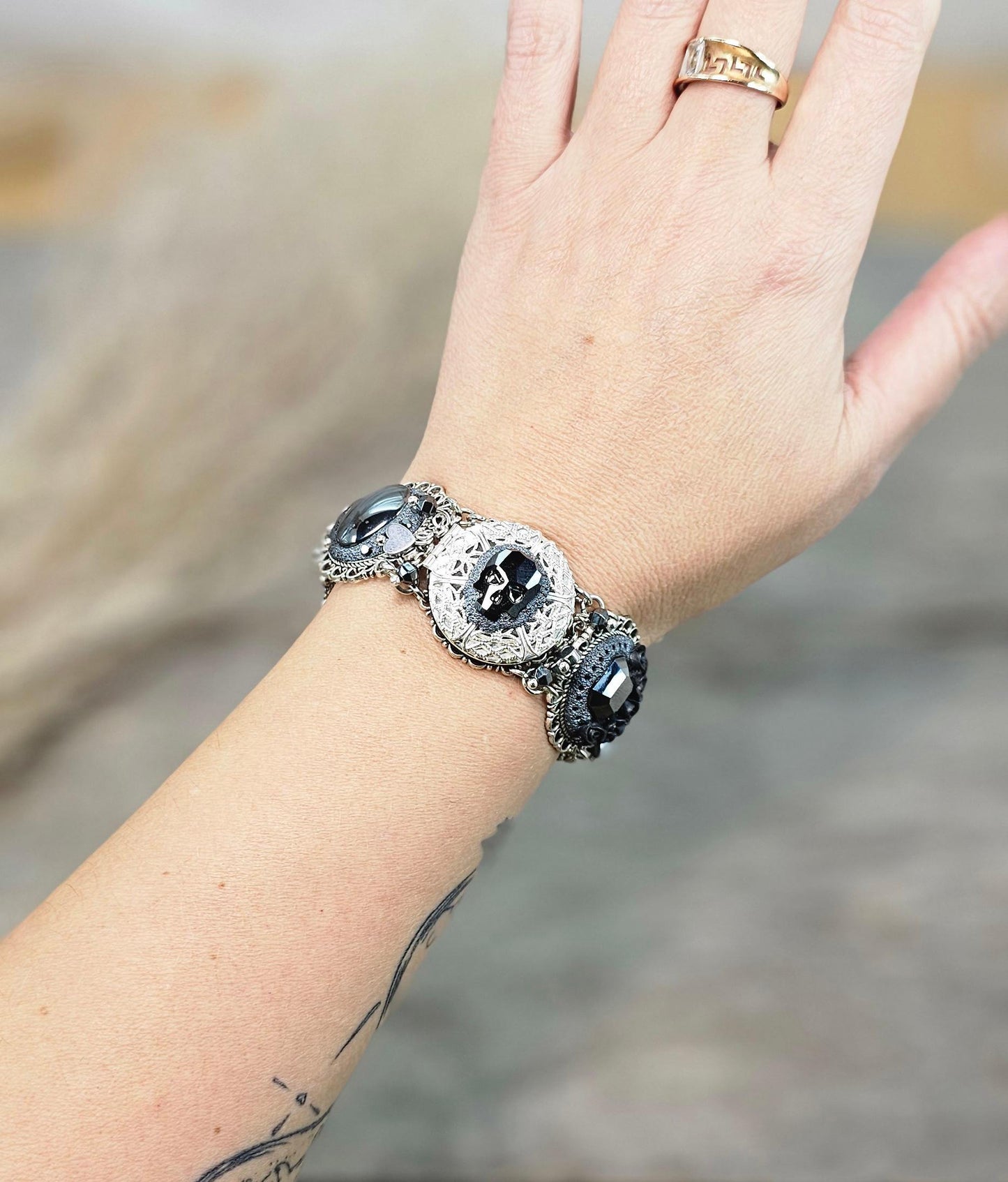 Black crystal bracelet, skull, heart, live now, hematite, polymer clay, floral bracelet, locket