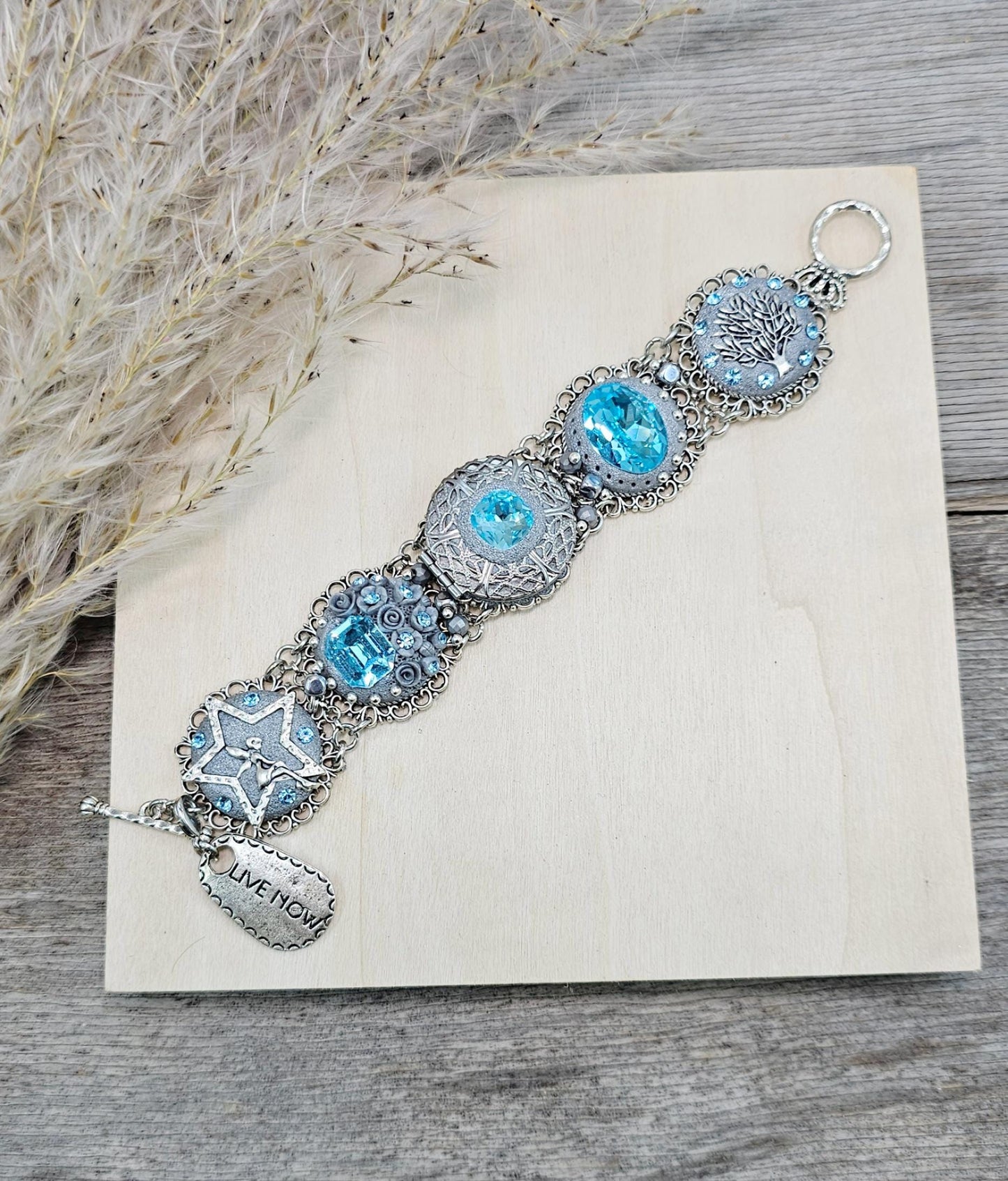light blue crystals bracelet, blue bracelet, fairy tale, tree of life, secret locket, bracelet with locket, locket bracelet, polymer clay bracelet, polymer clay flowers,floral bracelet, live now bracelet, silver bracelet, metal bracelet