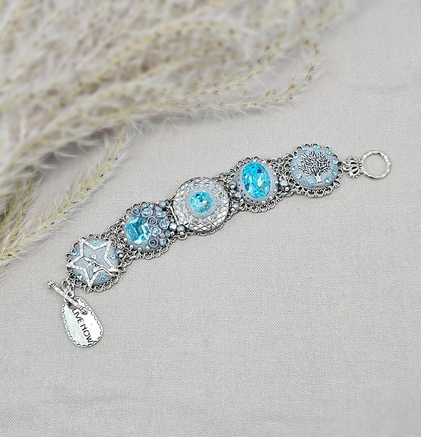 light blue crystals bracelet, blue bracelet, fairy tale, tree of life, secret locket, bracelet with locket, locket bracelet, polymer clay bracelet, polymer clay flowers,floral bracelet, live now bracelet, silver bracelet, metal bracelet