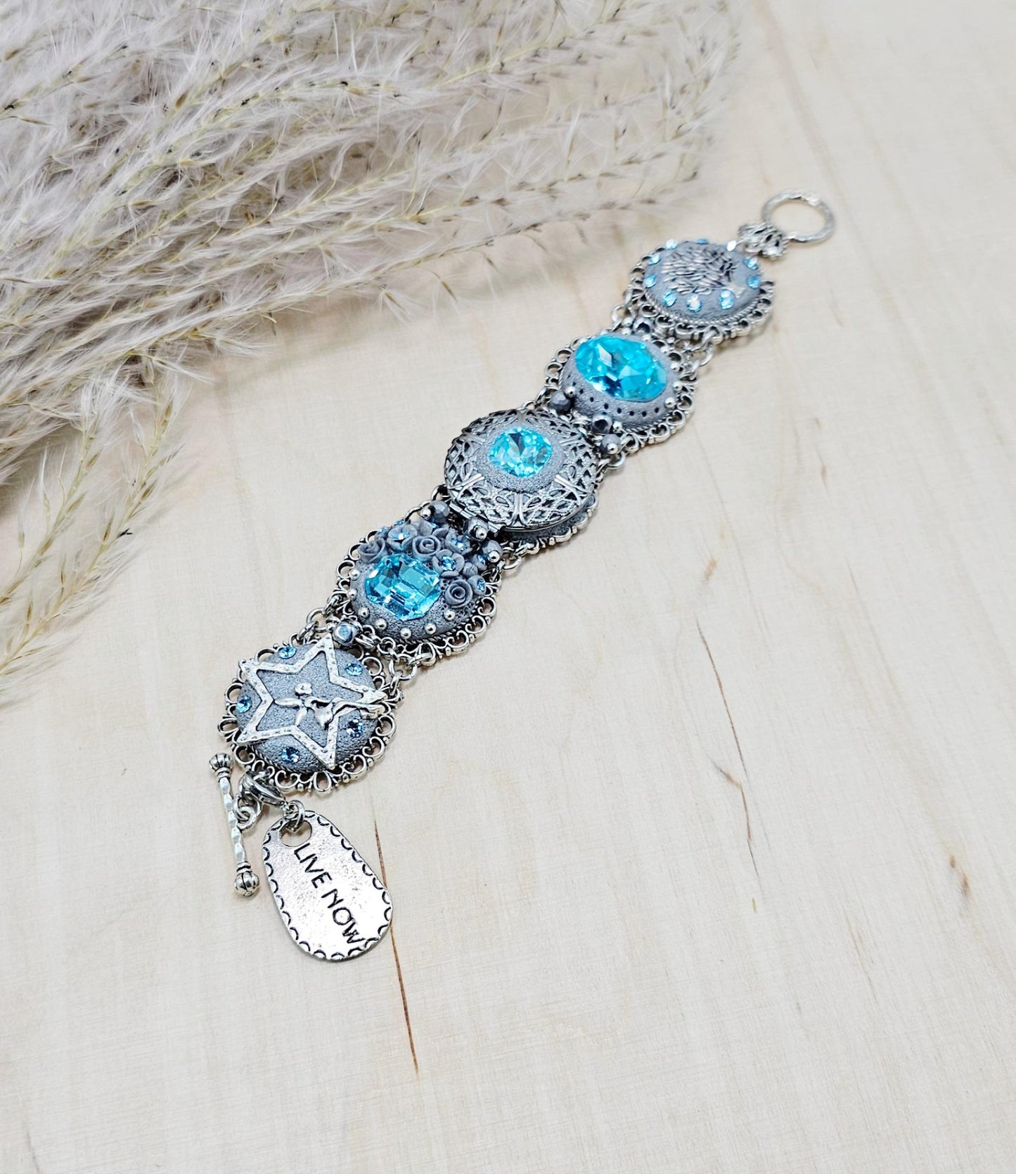 light blue crystals bracelet, blue bracelet, fairy tale, tree of life, secret locket, bracelet with locket, locket bracelet, polymer clay bracelet, polymer clay flowers,floral bracelet, live now bracelet, silver bracelet, metal bracelet