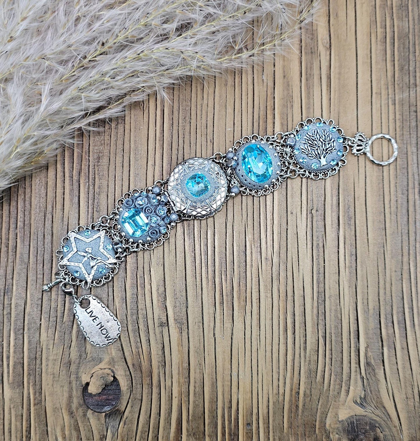 light blue crystals bracelet, blue bracelet, fairy tale, tree of life, secret locket, bracelet with locket, locket bracelet, polymer clay bracelet, polymer clay flowers,floral bracelet, live now bracelet, silver bracelet, metal bracelet