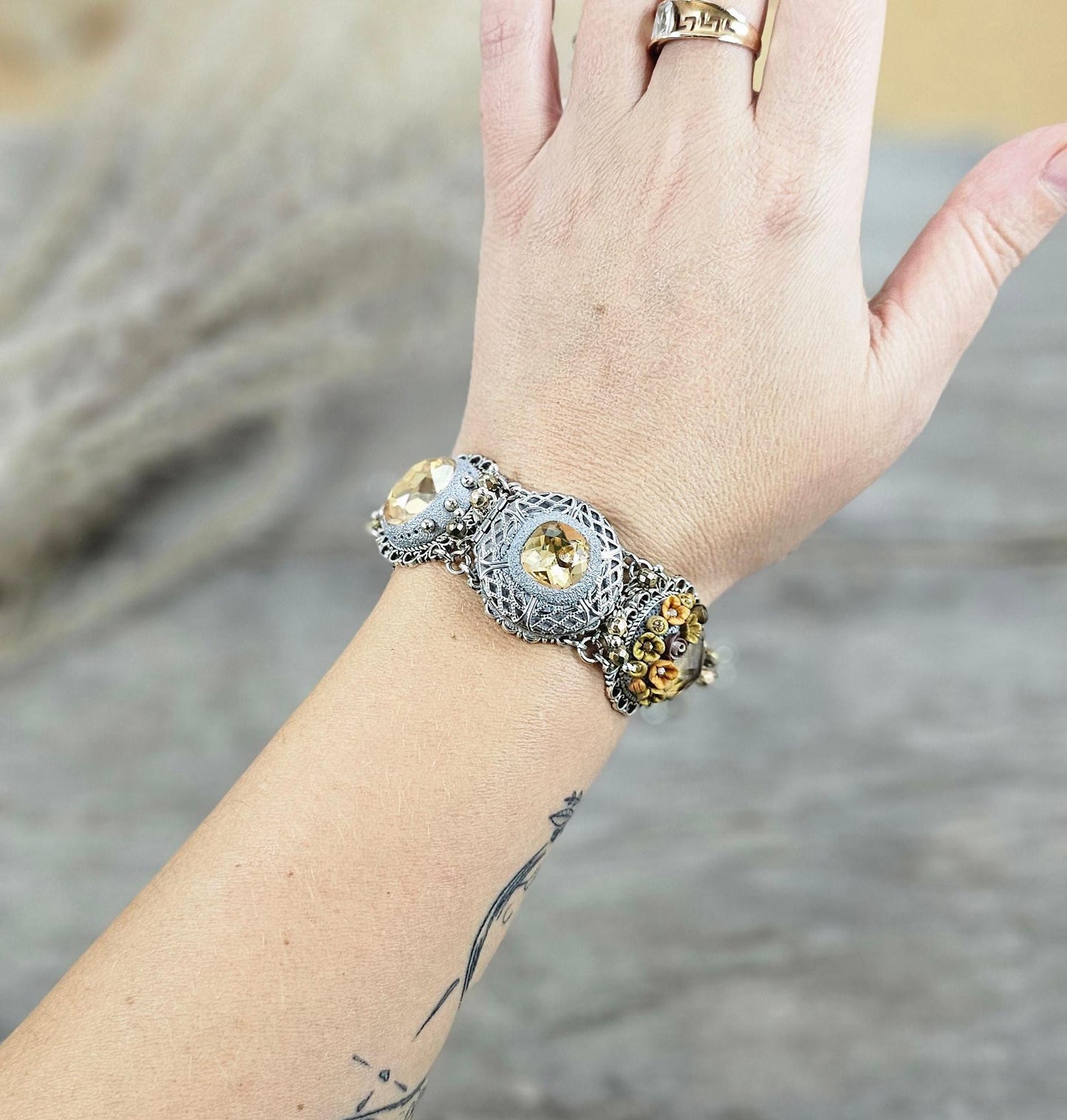 light gold, light brown crystal bracelet with locket and tree, polymer clay flowers,floral bracelet, polymer clay bracelet, metali bracelet