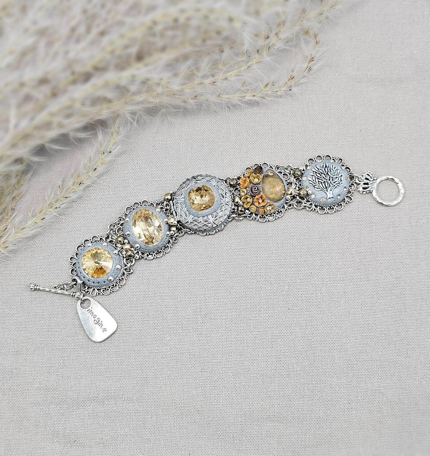 light gold, light brown crystal bracelet with locket and tree, polymer clay flowers,floral bracelet, polymer clay bracelet, metali bracelet