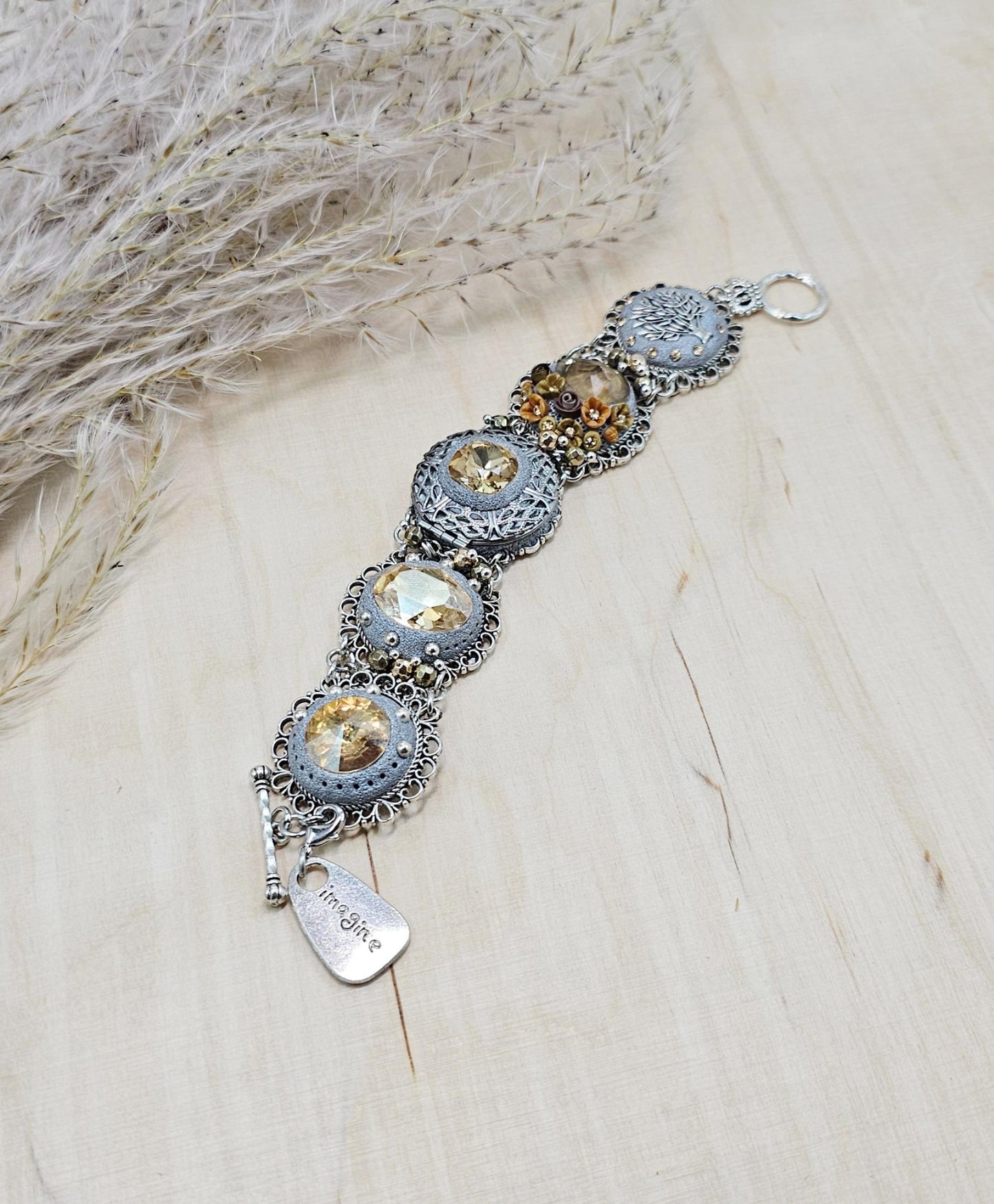 light gold, light brown crystal bracelet with locket and tree, polymer clay flowers,floral bracelet, polymer clay bracelet, metali bracelet
