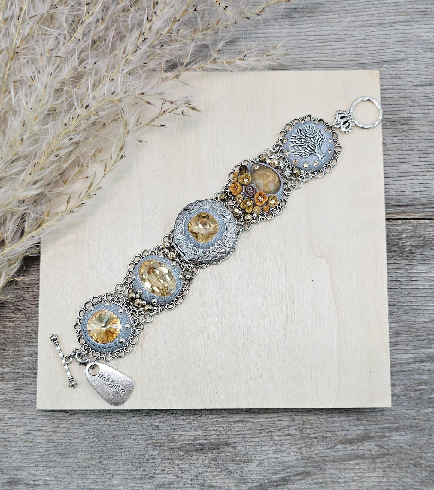 light gold, light brown crystal bracelet with locket and tree, polymer clay flowers,floral bracelet, polymer clay bracelet, metali bracelet