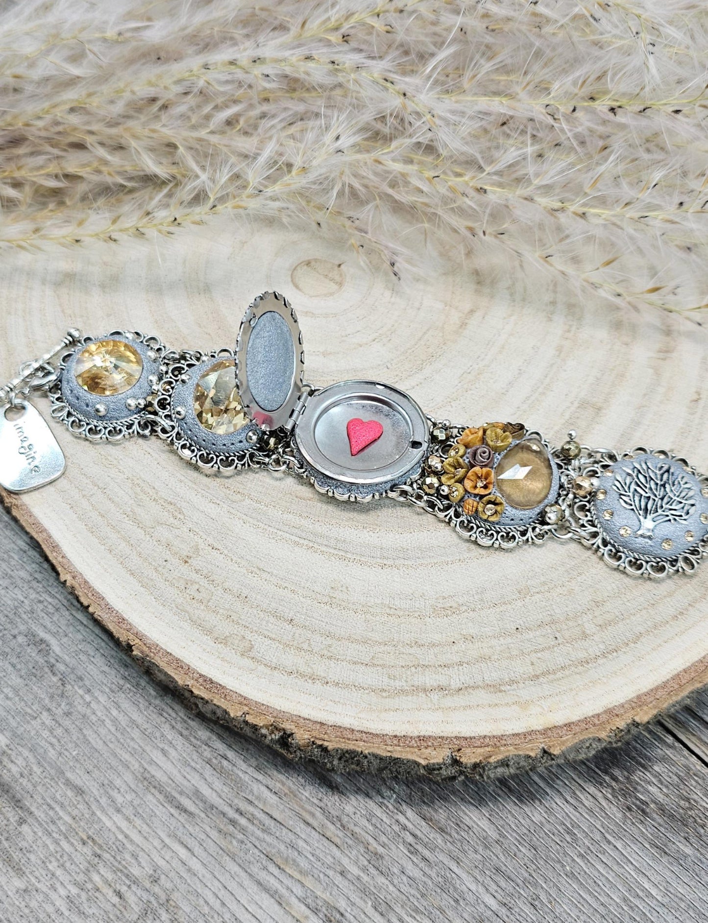 light gold, light brown crystal bracelet with locket and tree, polymer clay flowers,floral bracelet, polymer clay bracelet, metali bracelet