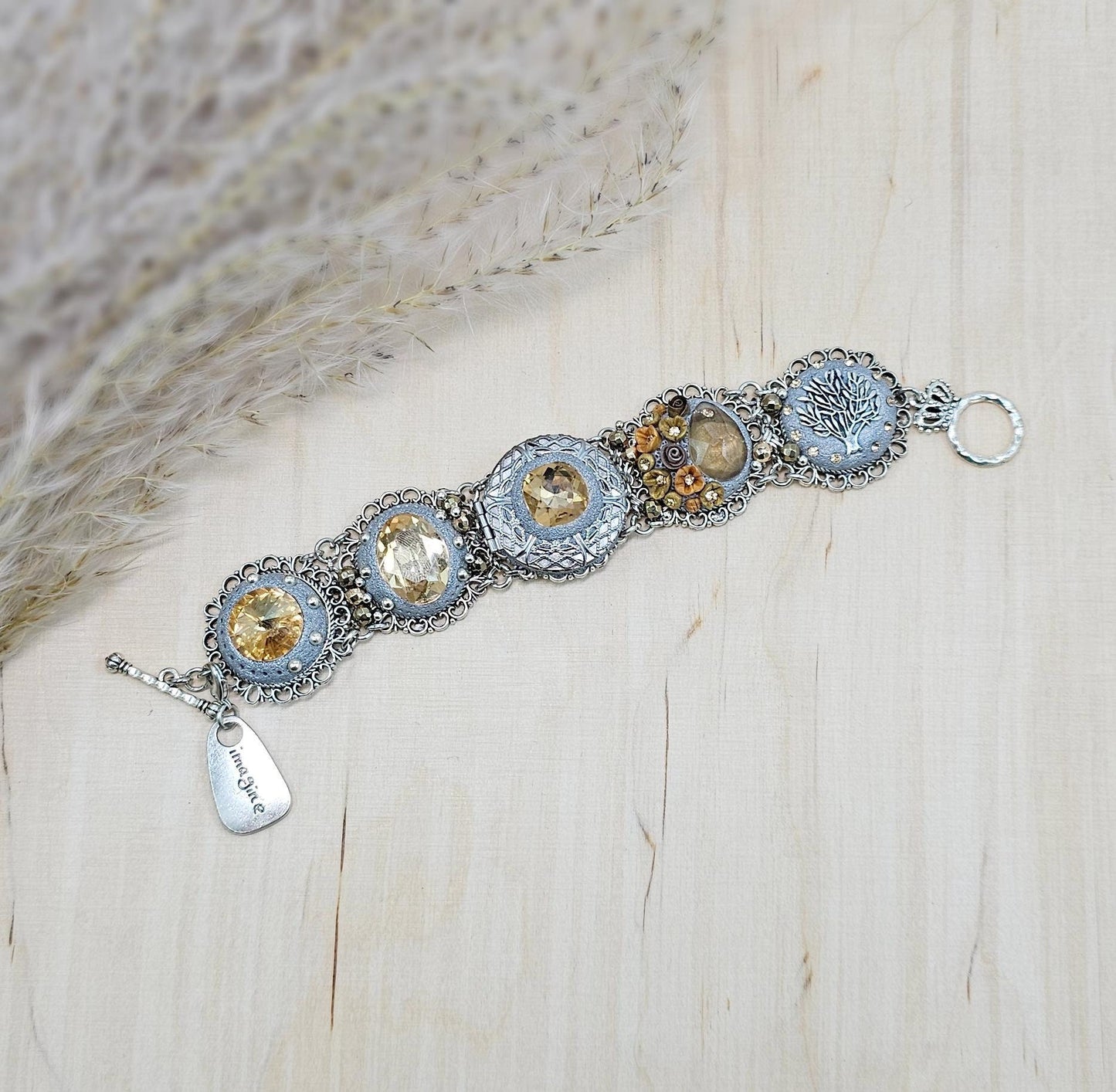 light gold, light brown crystal bracelet with locket and tree, polymer clay flowers,floral bracelet, polymer clay bracelet, metali bracelet