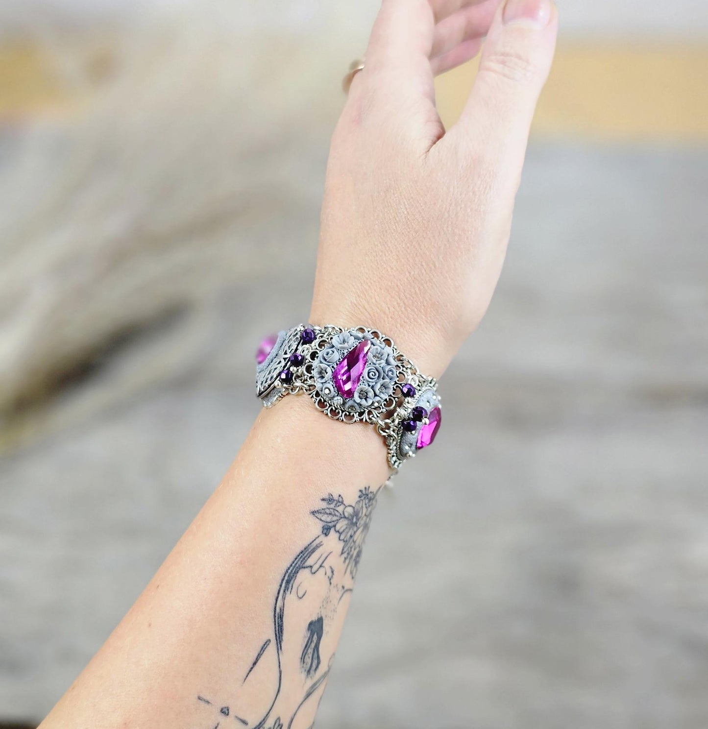 Pink crystal bracelet with locket ant silver tone polymer clay flowers