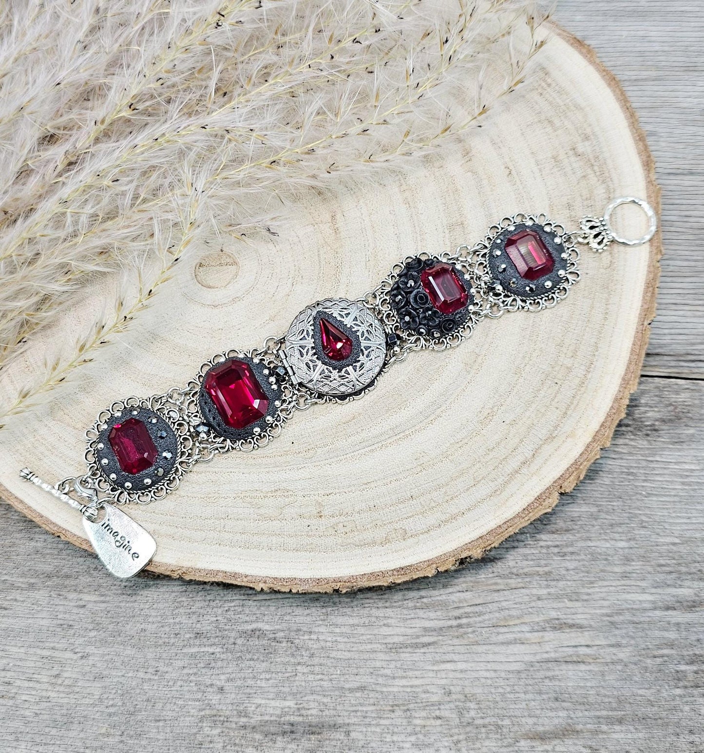 Dark red crystal bracelet with locket, black polymer clay flowers, black bracelet, dark bracelet, metal bracelet, floral bracelet