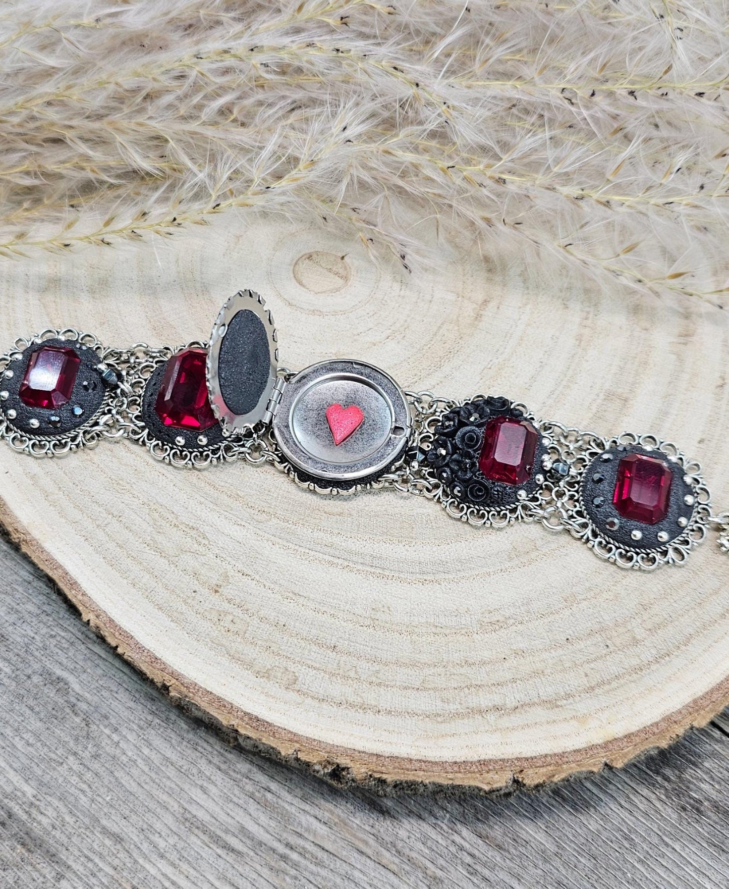 Dark red crystal bracelet with locket, black polymer clay flowers, black bracelet, dark bracelet, metal bracelet, floral bracelet