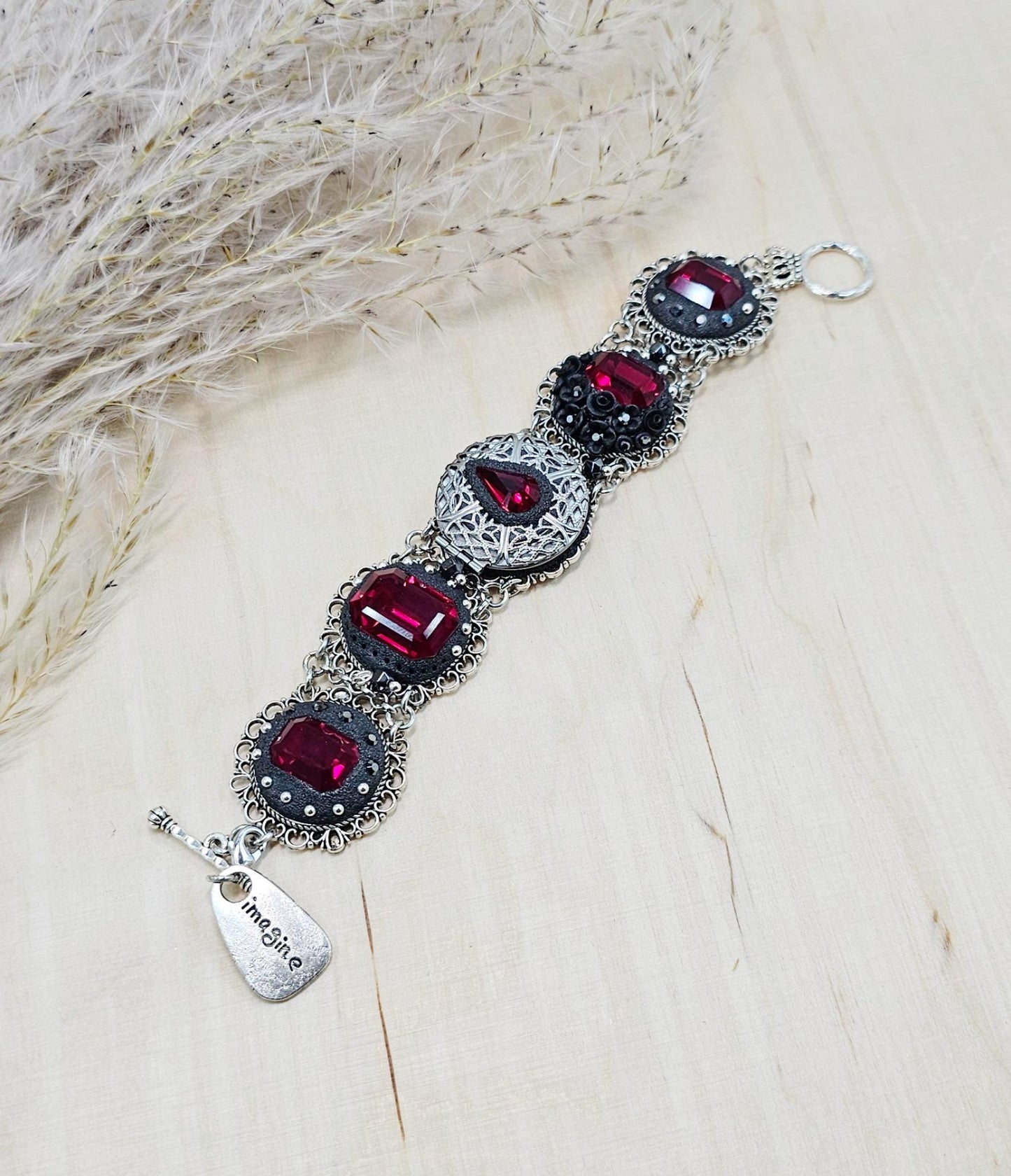 Dark red crystal bracelet with locket, black polymer clay flowers, black bracelet, dark bracelet, metal bracelet, floral bracelet
