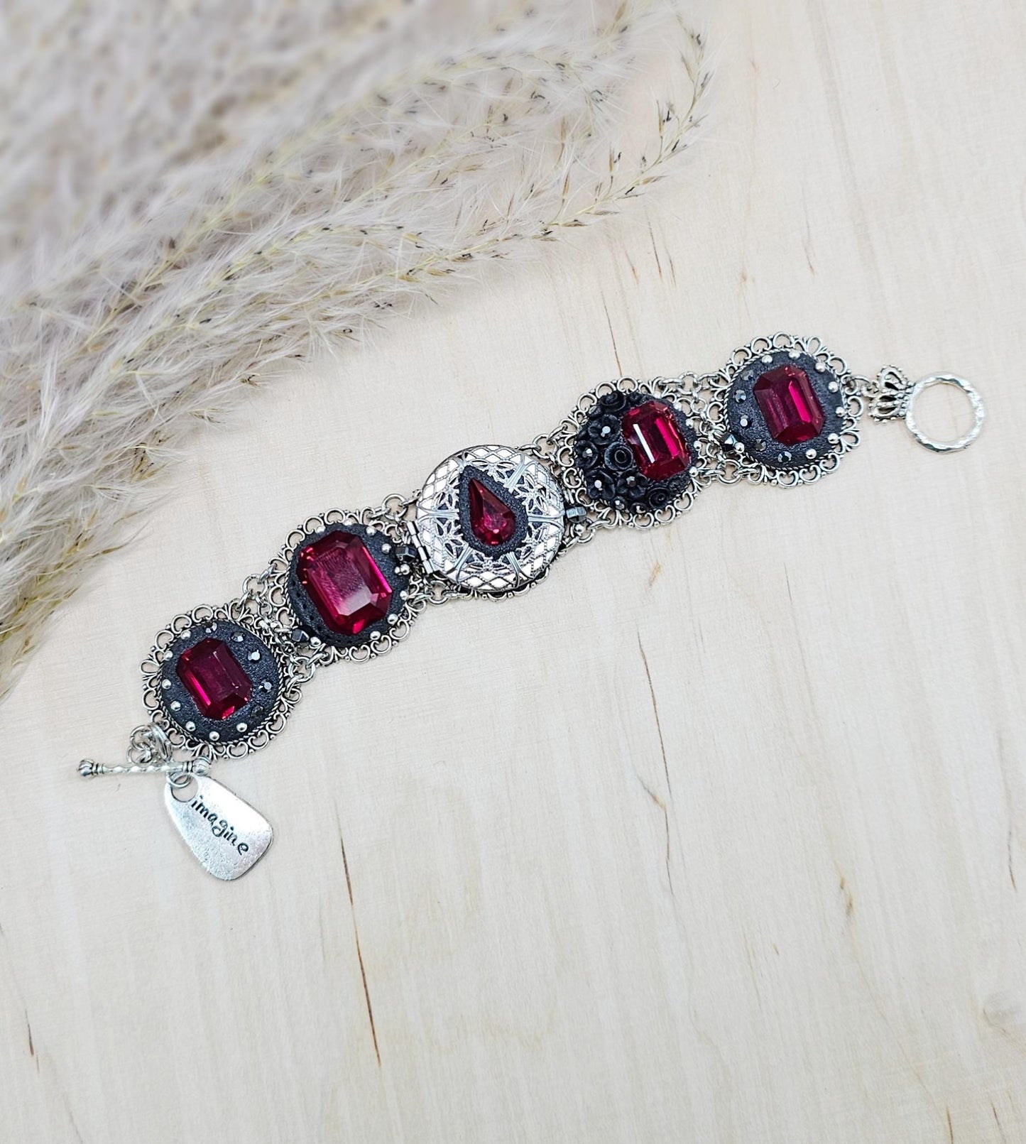 Dark red crystal bracelet with locket, black polymer clay flowers, black bracelet, dark bracelet, metal bracelet, floral bracelet